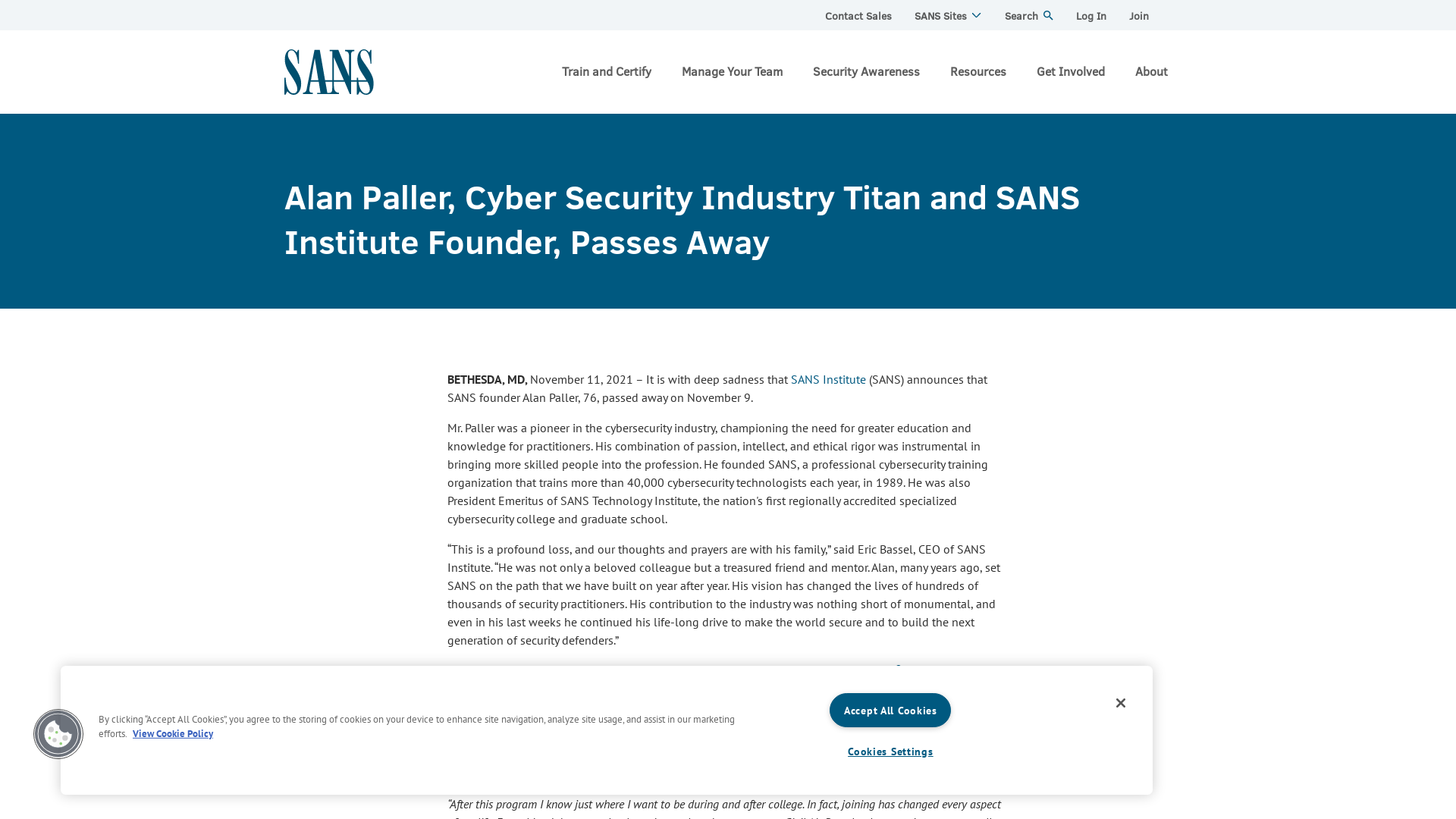 Alan Paller, Cyber Security Industry Titan and SANS Institute Founder, Passes Away | SANS Institute