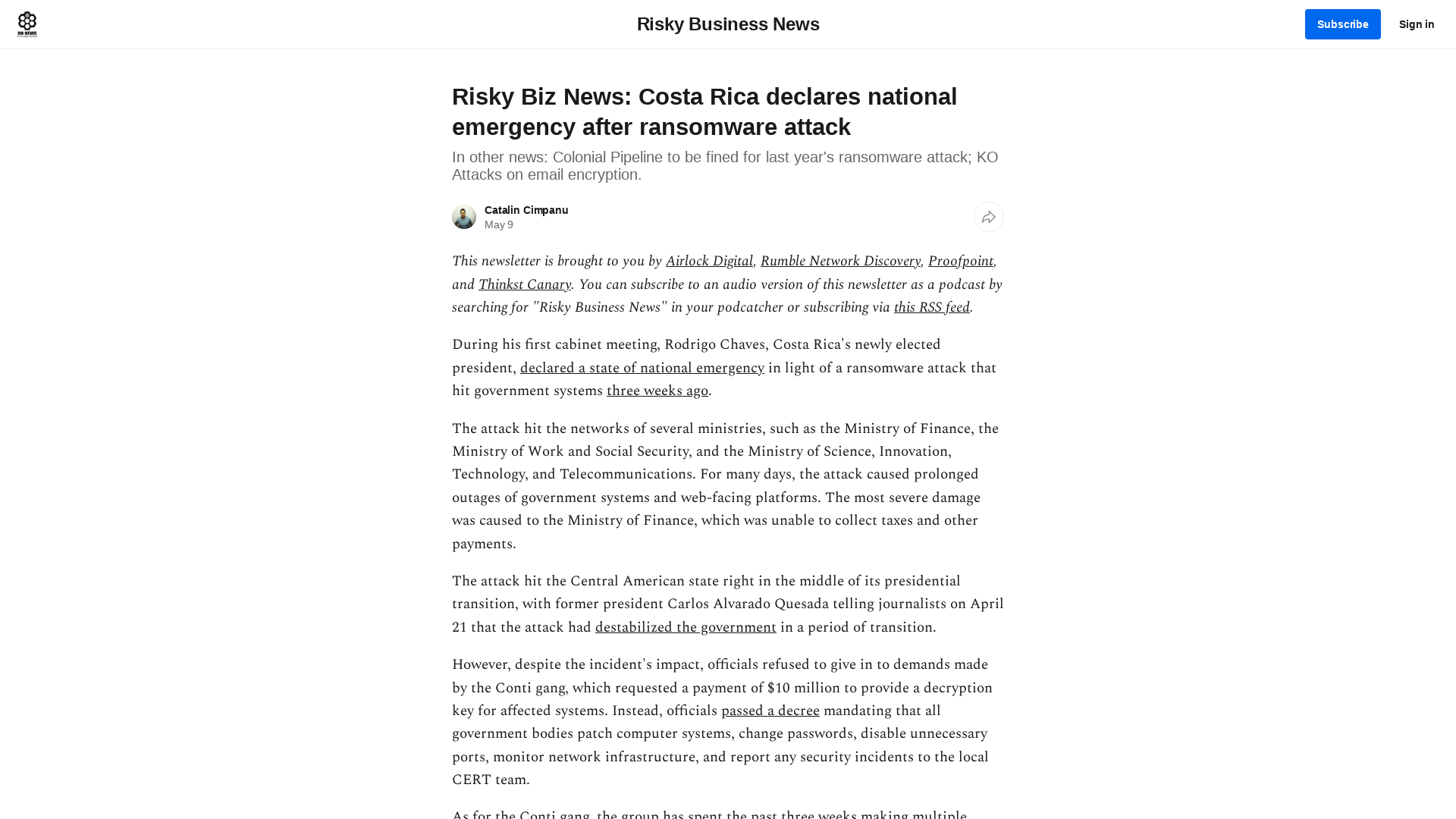 Risky Biz News: Costa Rica declares national emergency after ransomware attack