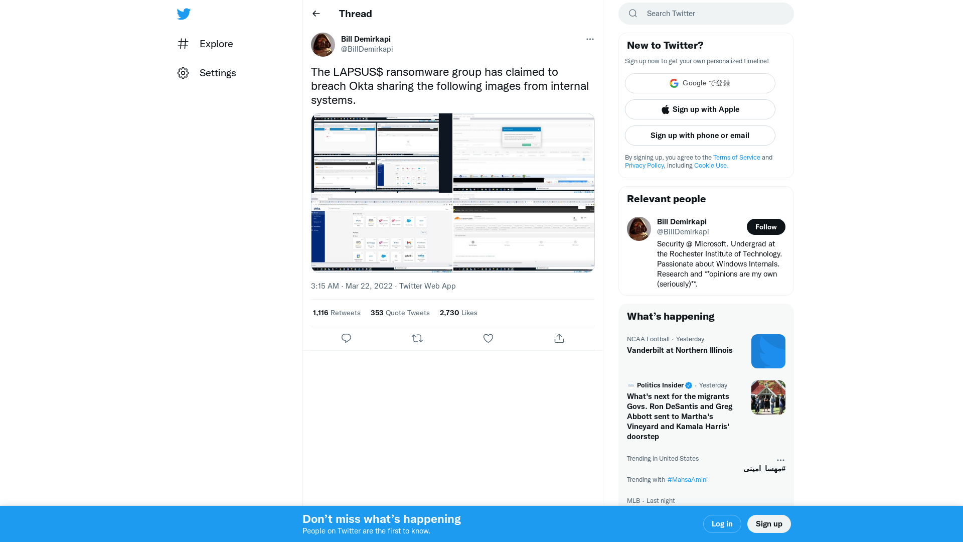 Bill Demirkapi on Twitter: "The LAPSUS$ ransomware group has claimed to breach Okta sharing the following images from internal systems. https://t.co/eTtpgRzer7" / Twitter