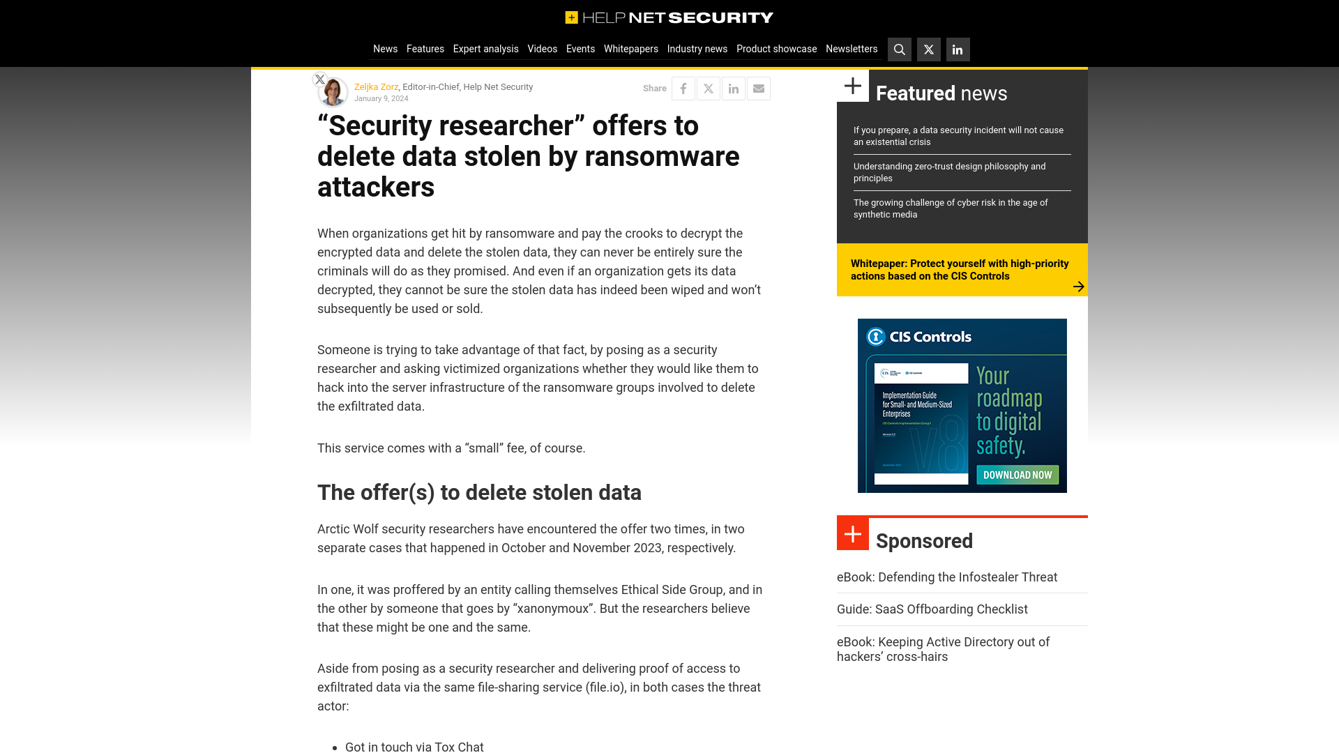 "Security researcher" offers to delete data stolen by ransomware attackers - Help Net Security