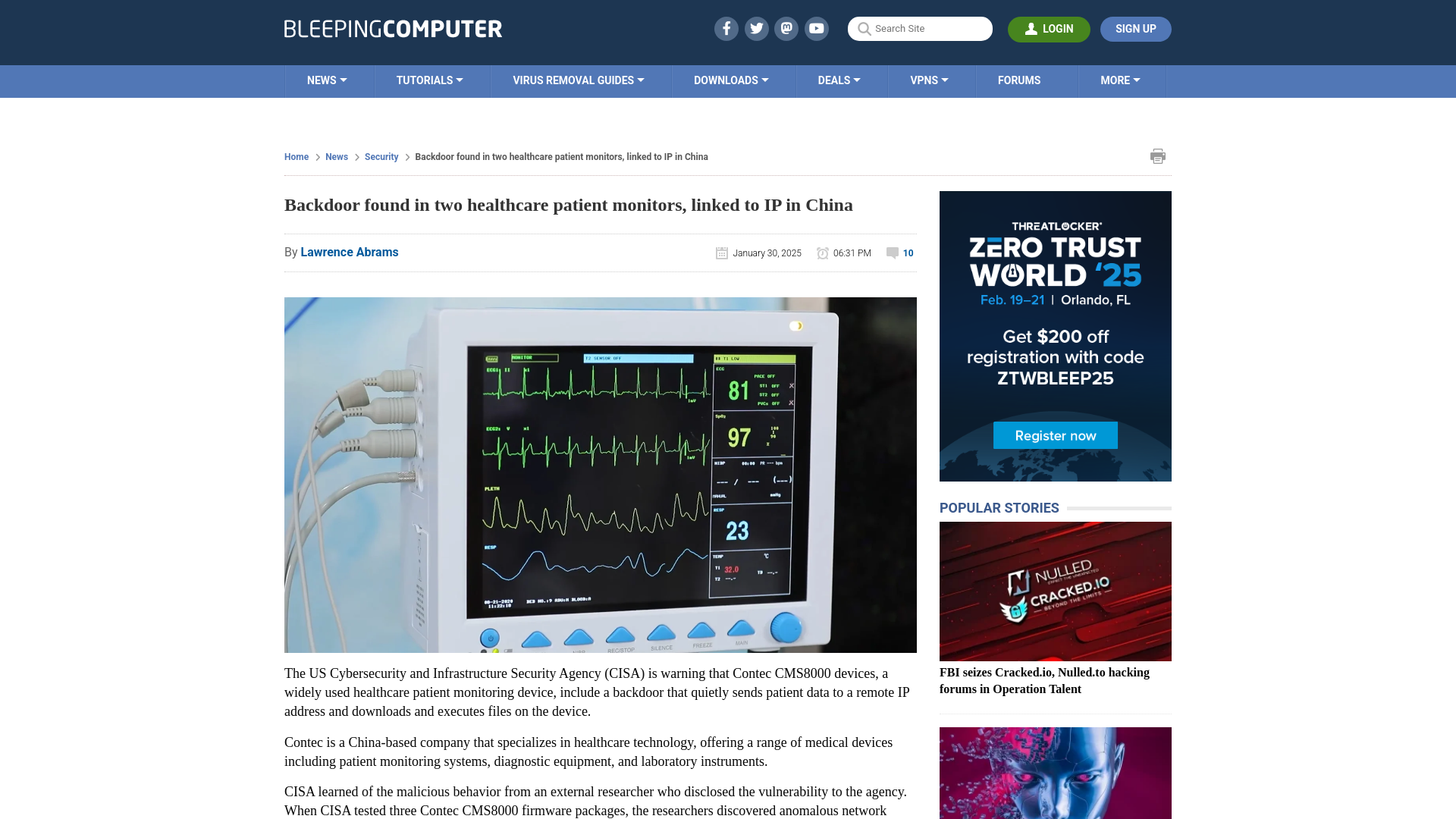 Backdoor found in two healthcare patient monitors, linked to IP in China