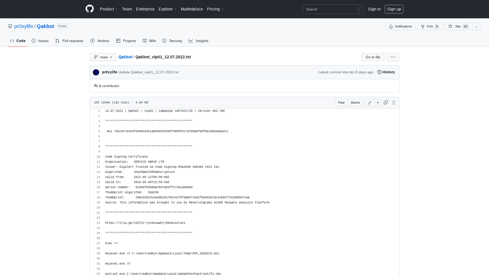 Qakbot/Qakbot_vip01_12.07.2022.txt at main · pr0xylife/Qakbot · GitHub