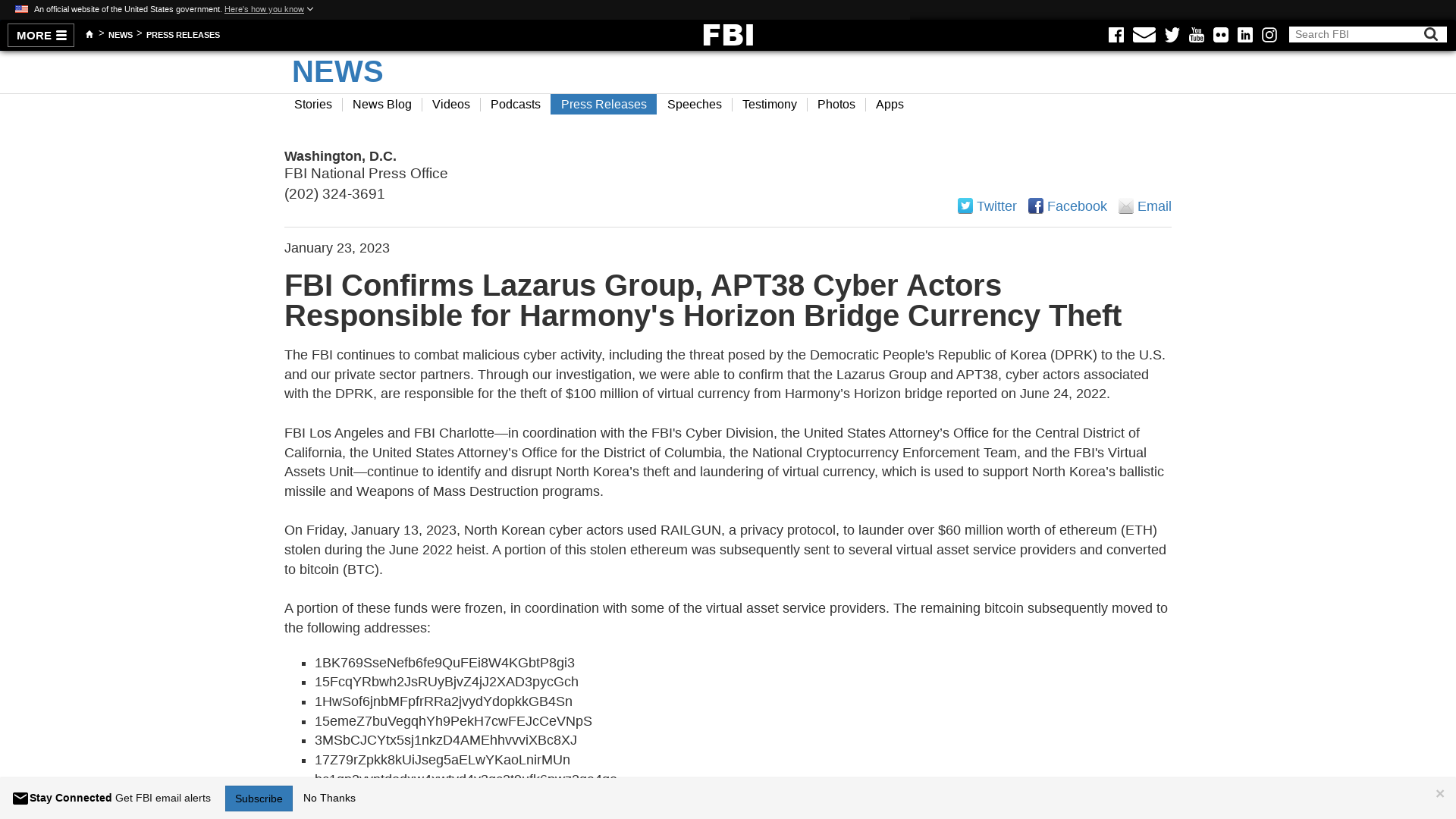 FBI Confirms Lazarus Group, APT38 Cyber Actors Responsible for Harmony's Horizon Bridge Currency Theft — FBI