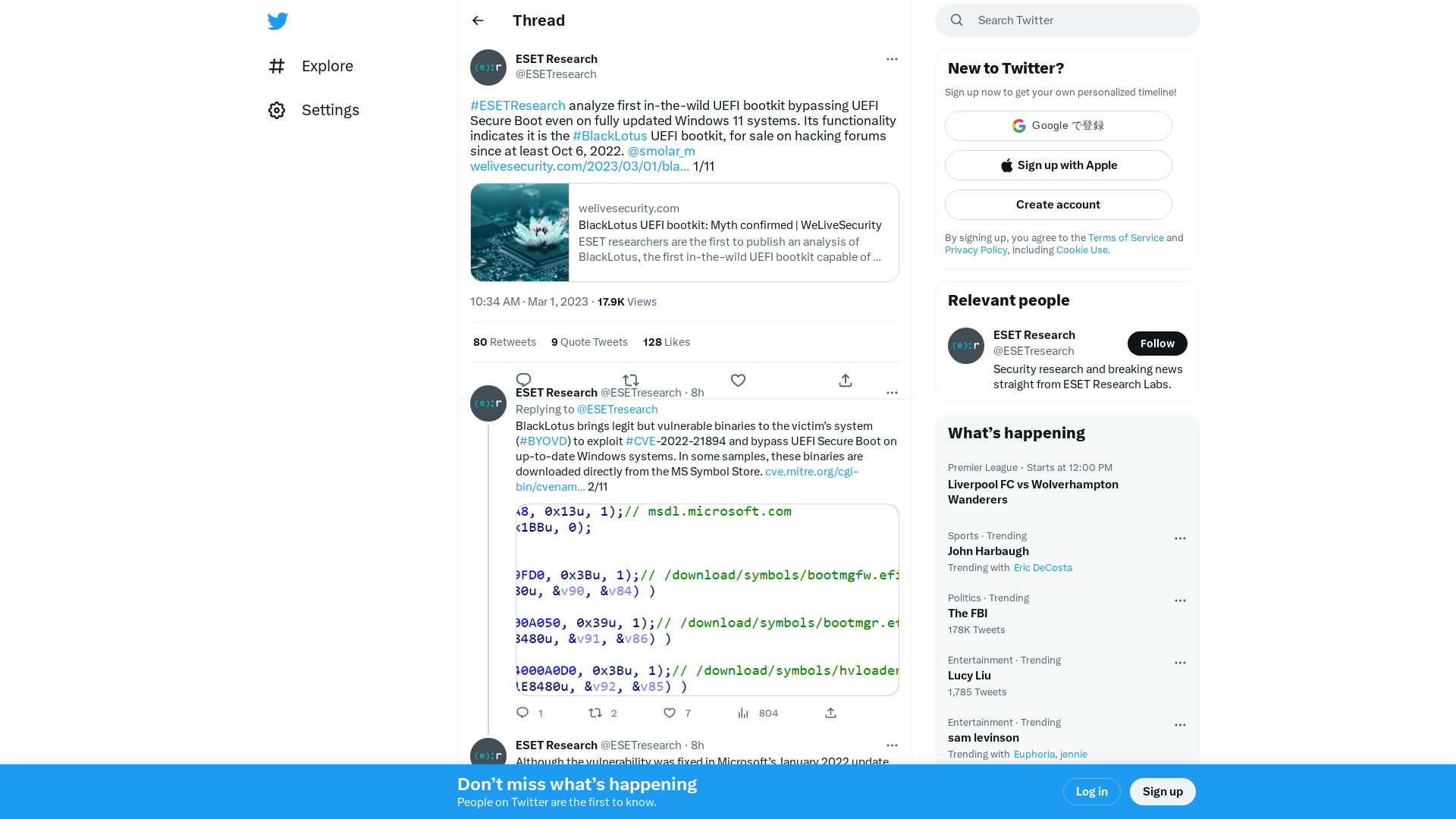 ESET Research on Twitter: "#ESETResearch analyze first in-the-wild UEFI bootkit bypassing UEFI Secure Boot even on fully updated Windows 11 systems. Its functionality indicates it is the #BlackLotus UEFI bootkit, for sale on hacking forums since at least Oct 6, 2022. @smolar_m https://t.co/mXSXksRisG 1/11" / Twitter