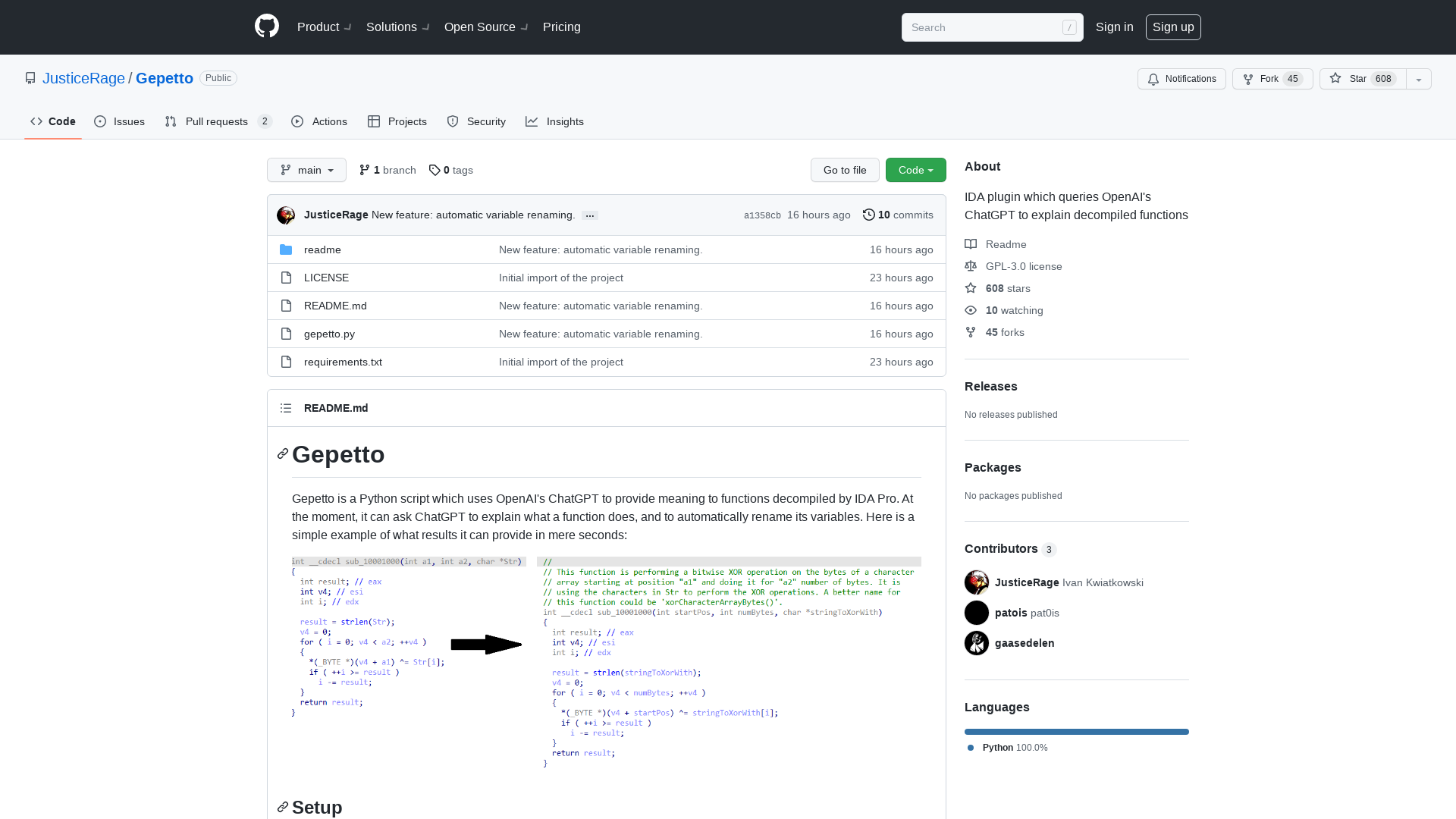 GitHub - JusticeRage/Gepetto: IDA plugin which queries OpenAI's ChatGPT to explain decompiled functions