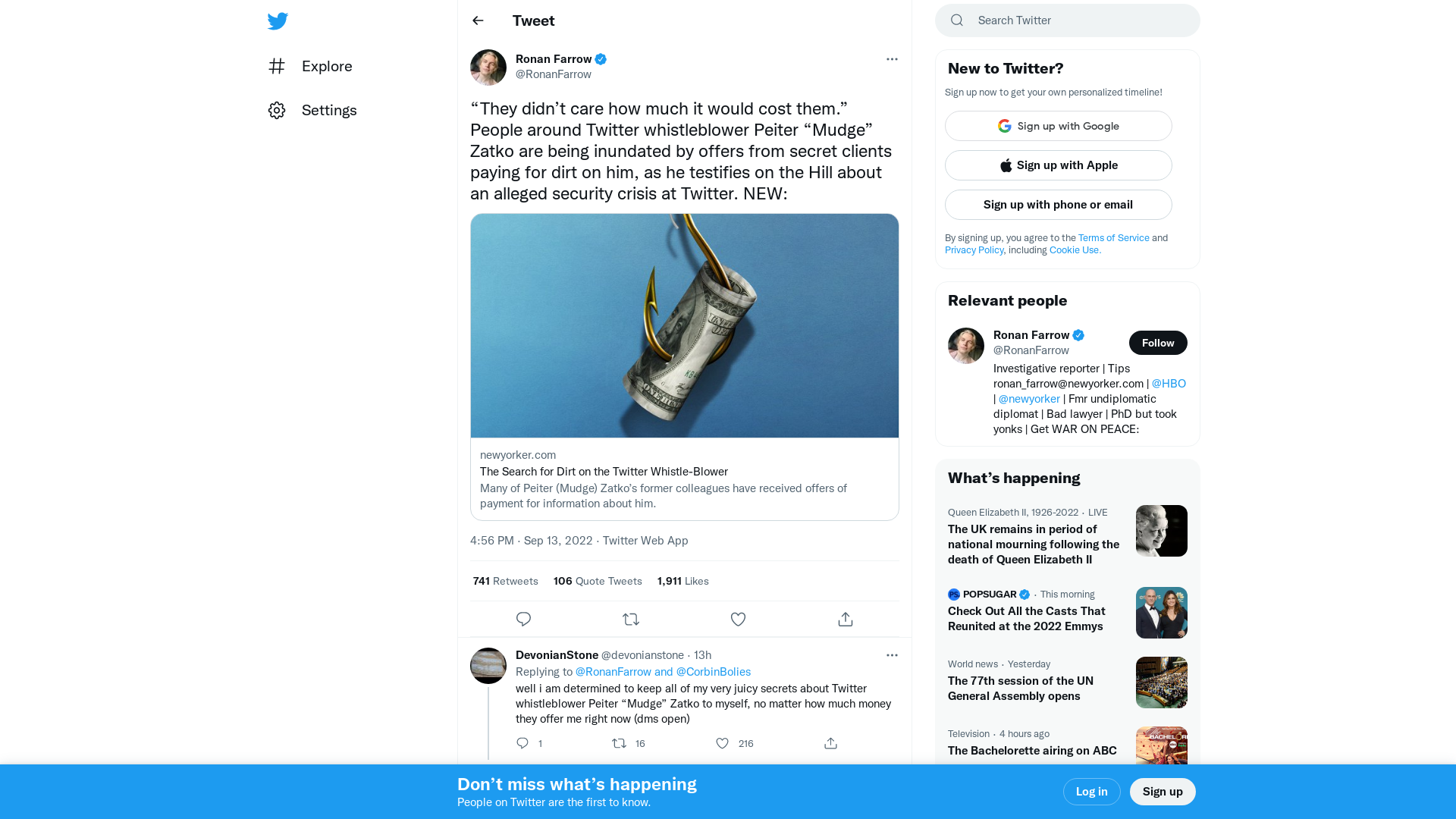 Ronan Farrow on Twitter: "“They didn’t care how much it would cost them.” People around Twitter whistleblower Peiter “Mudge” Zatko are being inundated by offers from secret clients paying for dirt on him, as he testifies on the Hill about an alleged security crisis at Twitter. NEW: https://t.co/wnaPSIrFiZ" / Twitter
