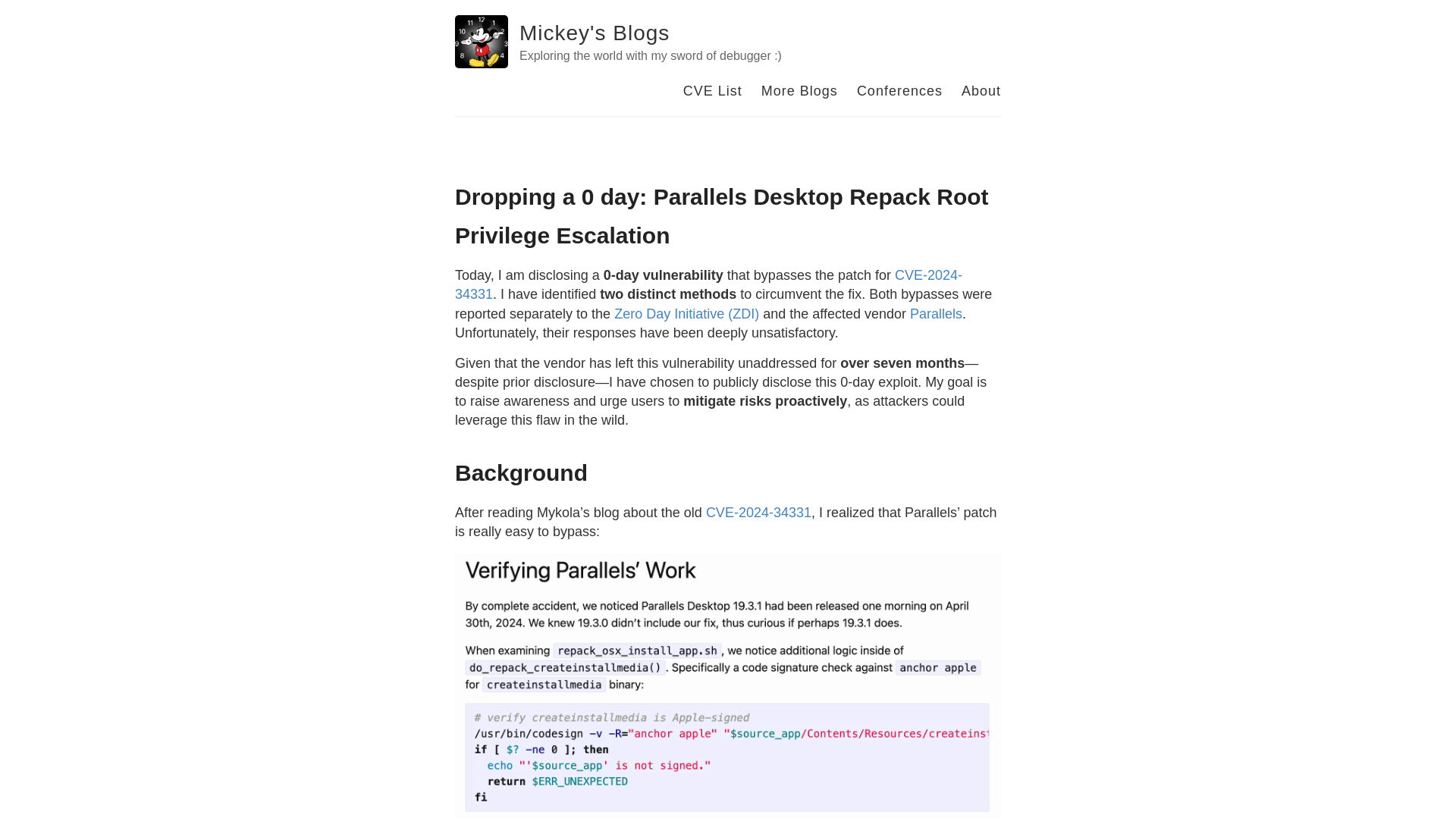 Dropping a 0 day: Parallels Desktop Repack Root Privilege Escalation – Mickey's Blogs – Exploring the world with my sword of debugger :)