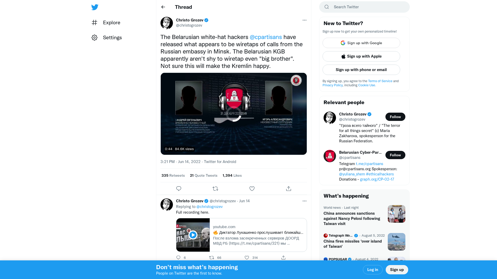 Christo Grozev on Twitter: "The Belarusian white-hat hackers @cpartisans have released what appears to be wiretaps of calls from the Russian embassy in Minsk. The Belarusian KGB apparently aren't shy to wiretap even "big brother". Not sure this will make the Kremlin happy. https://t.co/8Zgy6owJLp" / Twitter