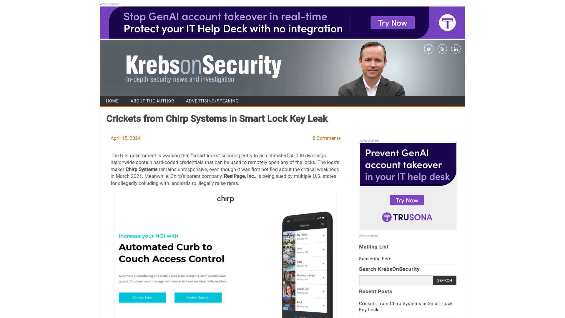 Crickets from Chirp Systems in Smart Lock Key Leak – Krebs on Security