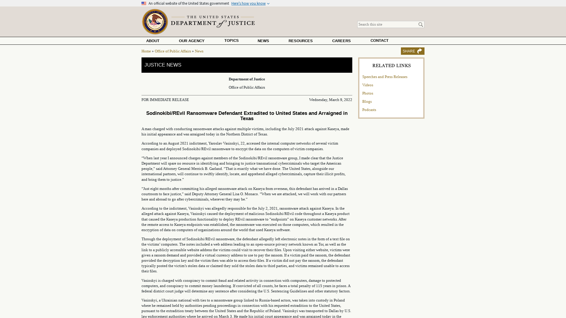 Sodinokibi/REvil Ransomware Defendant Extradited to United States and Arraigned in Texas | OPA | Department of Justice