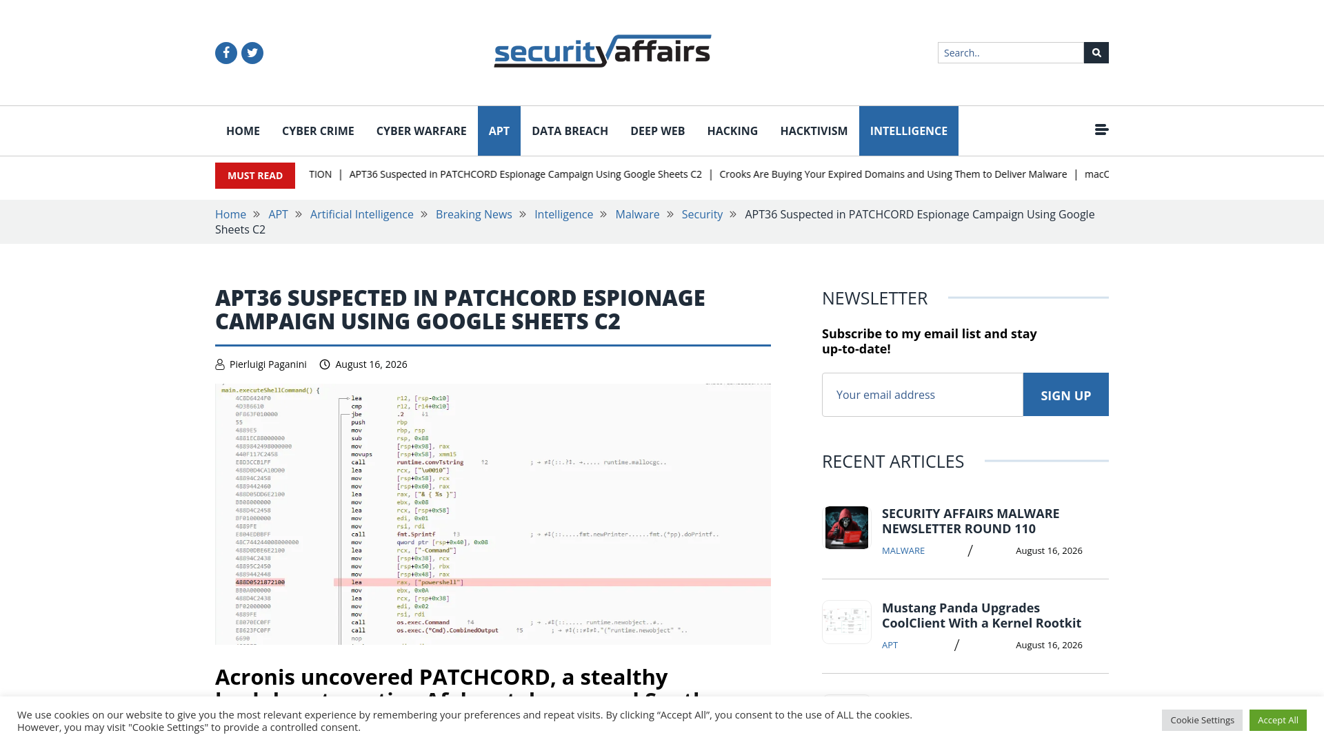 APT36 Suspected in PATCHCORD Espionage Campaign Using Google Sheets C2 - Security Affairs