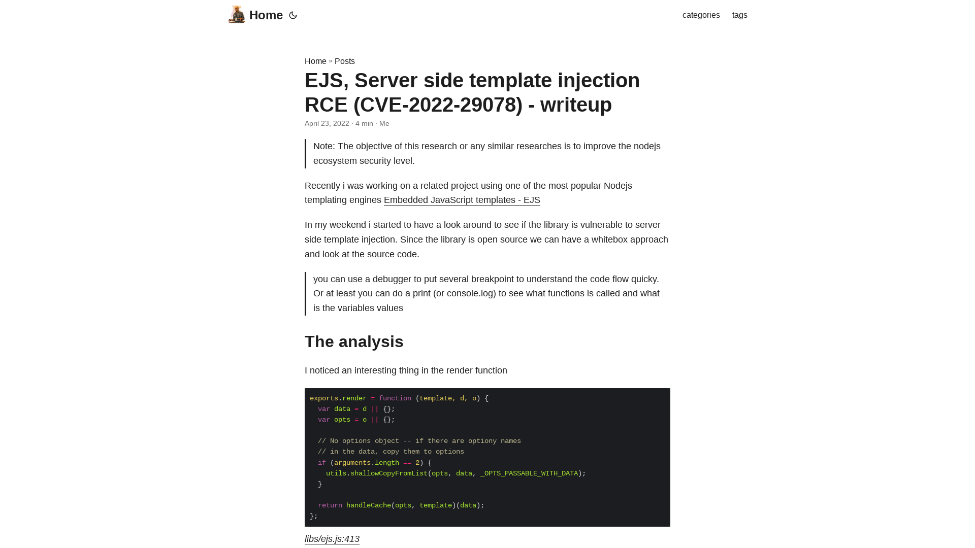 EJS, Server side template injection RCE (CVE-2022-29078) - writeup | ~#whoami <Eslam Salem>