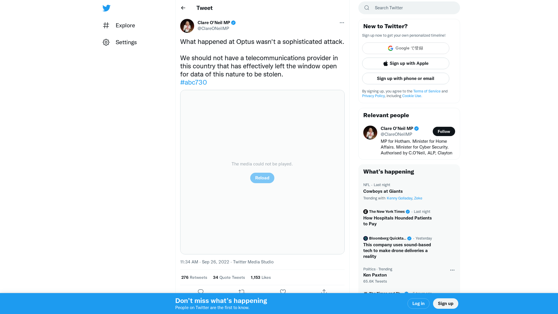Clare O'Neil MP on Twitter: "What happened at Optus wasn't a sophisticated attack. We should not have a telecommunications provider in this country that has effectively left the window open for data of this nature to be stolen. #abc730 https://t.co/KamkiapcZl" / Twitter