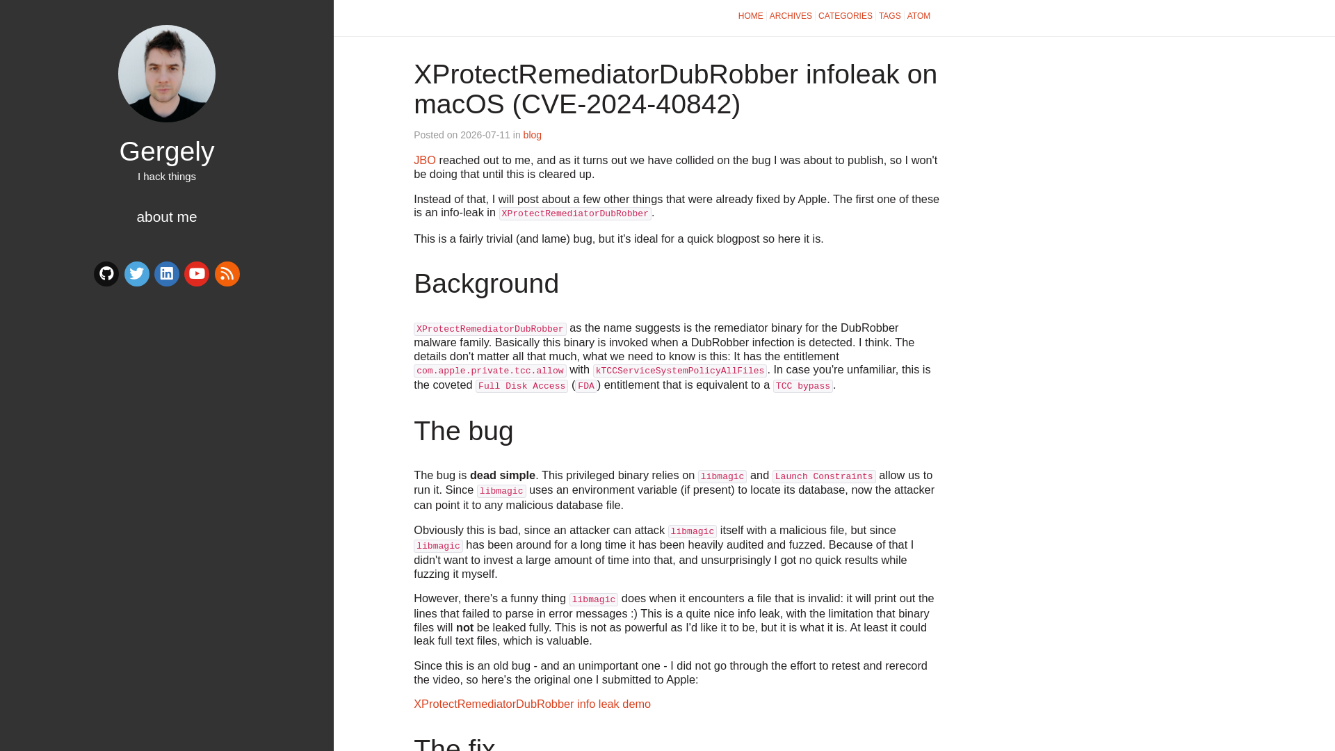 Gergely's hack blog – XProtectRemediatorDubRobber infoleak on macOS (CVE-2024-40842)