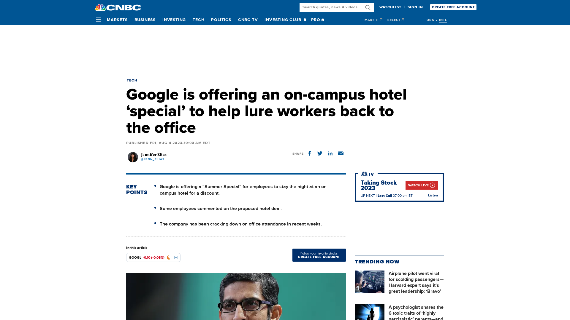 Google offers on-campus hotel 'special' to lure workers back in