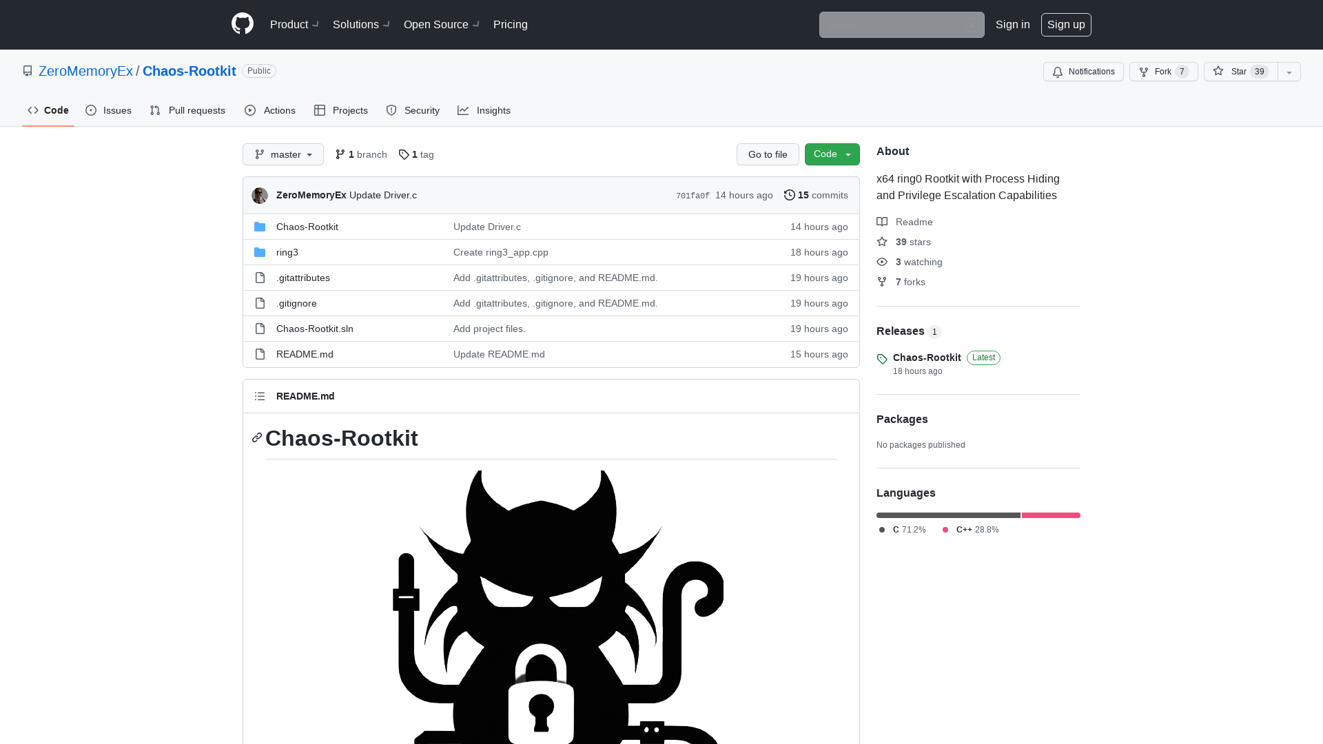 GitHub - ZeroMemoryEx/Chaos-Rootkit: x64 ring0 Rootkit with Process Hiding and Privilege Escalation Capabilities