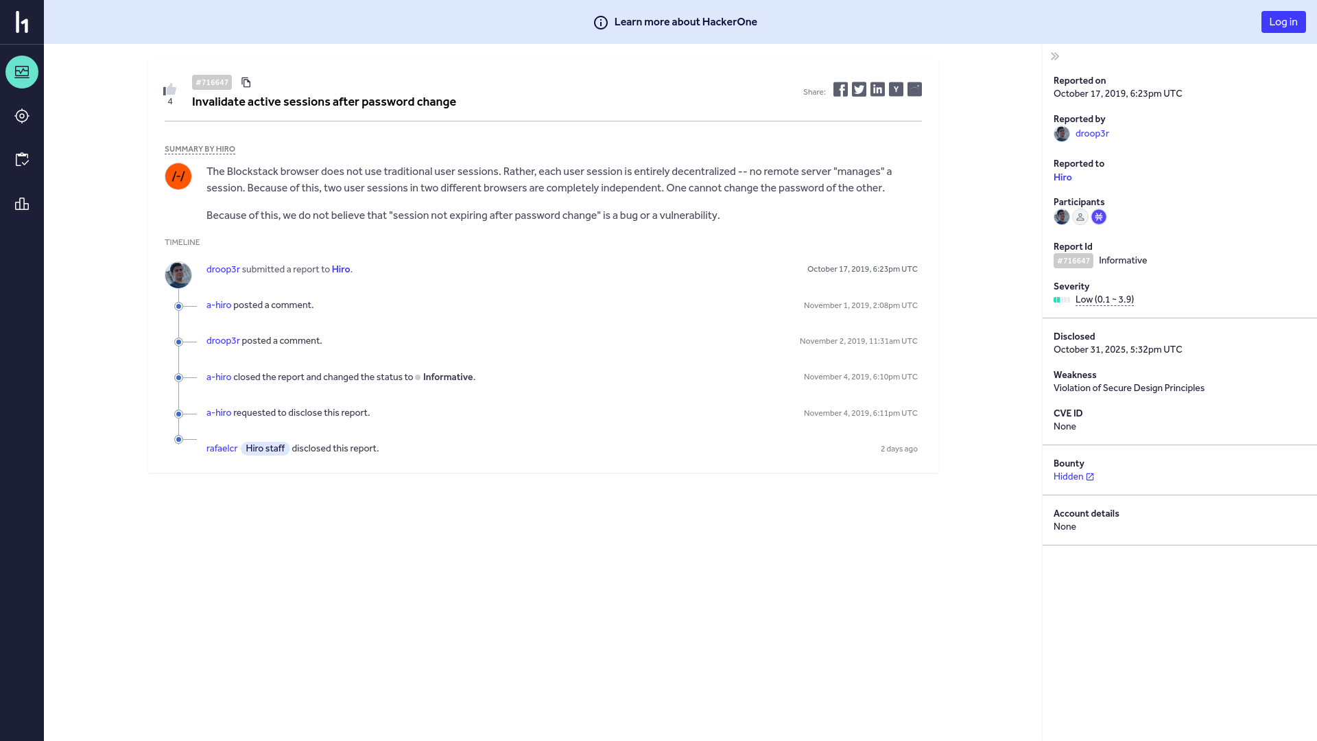 Hiro | Report #716647 - Invalidate active sessions after password change | HackerOne
