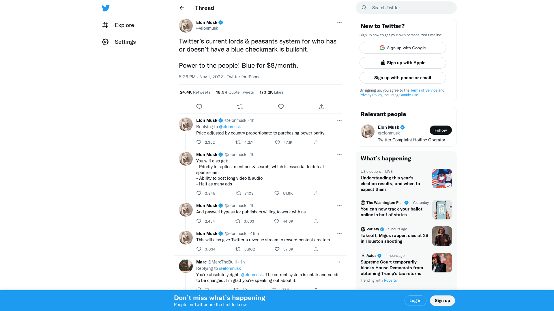Elon Musk on Twitter: "Twitter’s current lords &amp; peasants system for who has or doesn’t have a blue checkmark is bullshit. Power to the people! Blue for $8/month." / Twitter