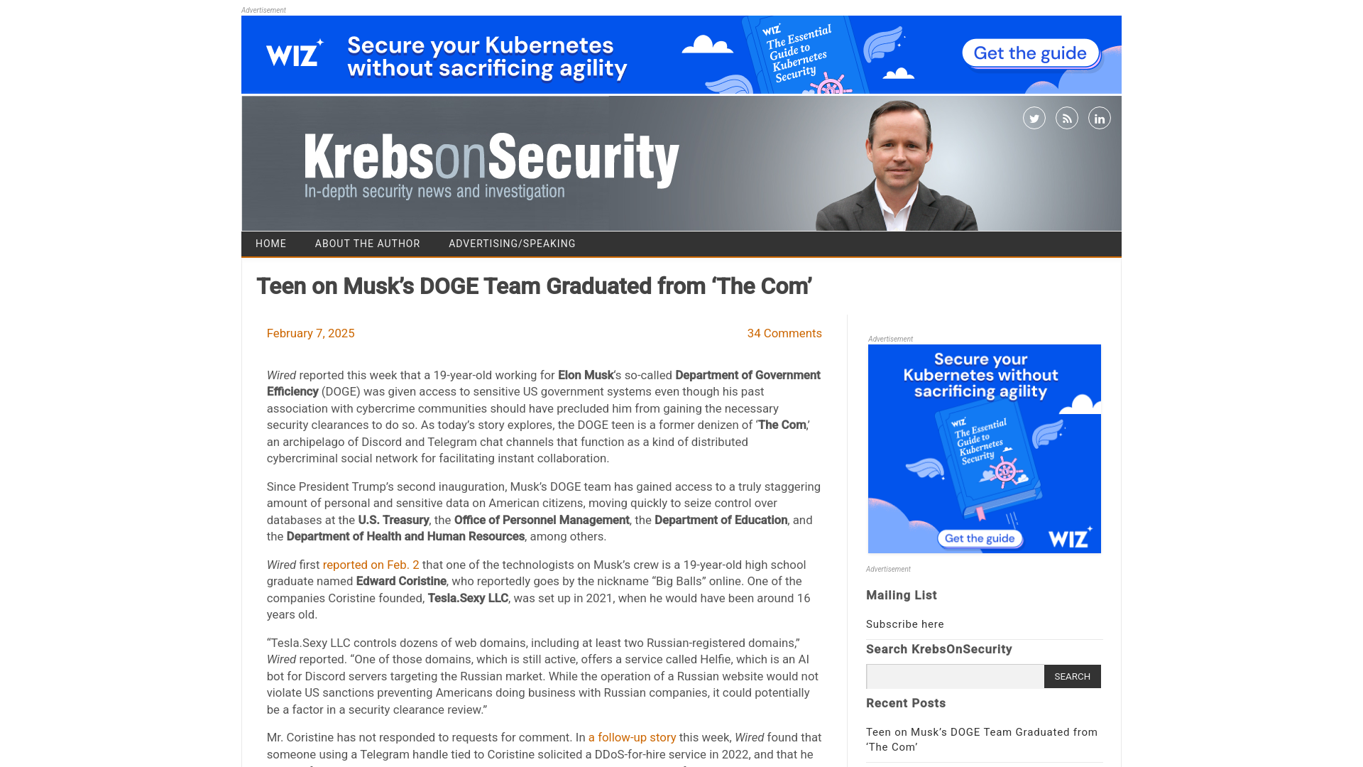 Teen on Musk’s DOGE Team Graduated from ‘The Com’ – Krebs on Security