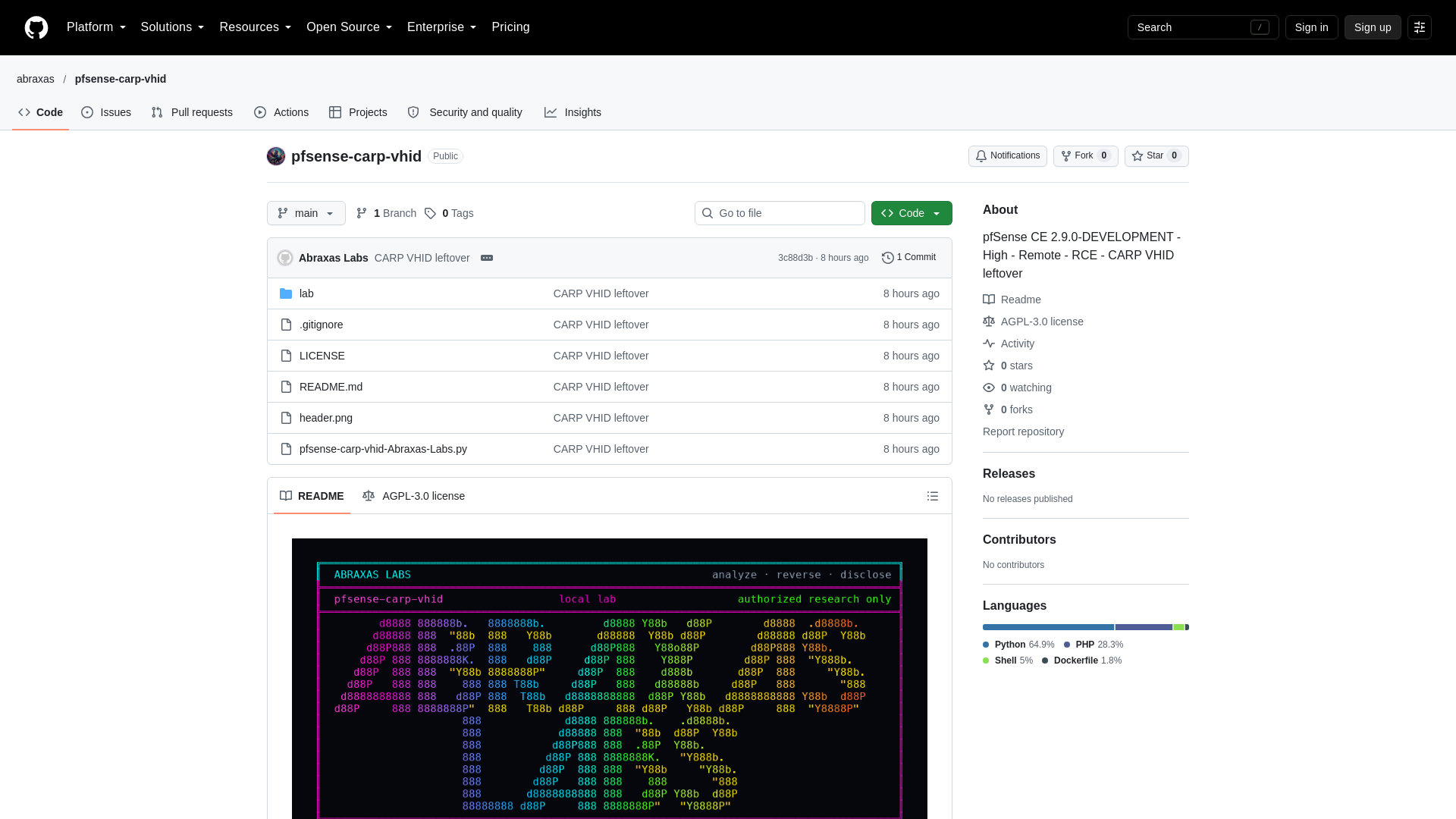 GitHub - abraxas/pfsense-carp-vhid: pfSense CE 2.9.0-DEVELOPMENT - High - Remote - RCE - CARP VHID leftover · GitHub