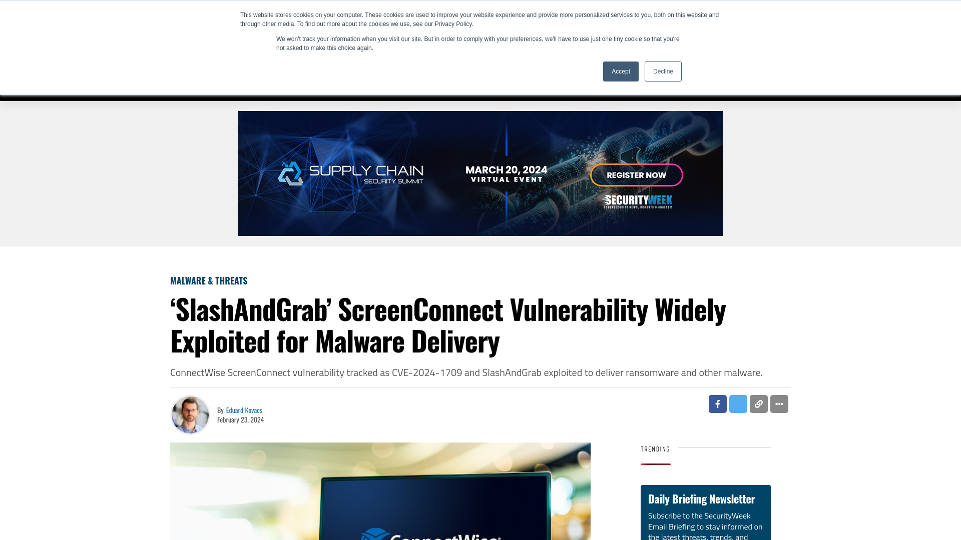 'SlashAndGrab' ScreenConnect Vulnerability Widely Exploited for Malware Delivery - SecurityWeek