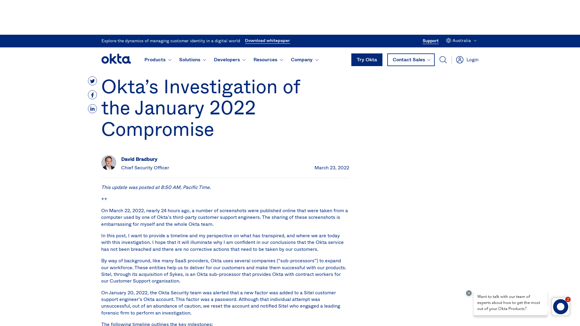 Okta’s Investigation of the January 2022 Compromise | Okta Australia