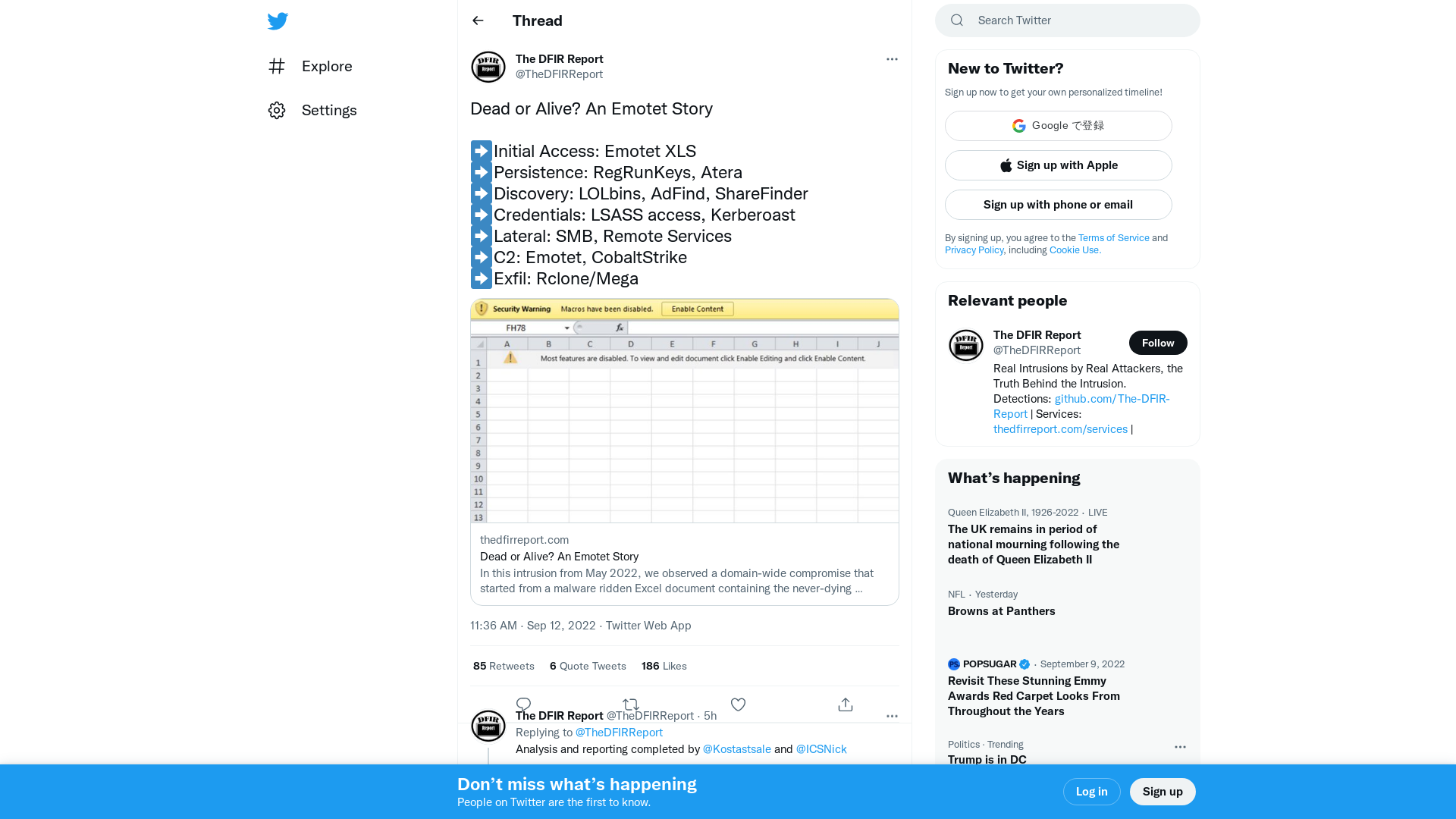 The DFIR Report on Twitter: "Dead or Alive? An Emotet Story ➡️Initial Access: Emotet XLS ➡️Persistence: RegRunKeys, Atera ➡️Discovery: LOLbins, AdFind, ShareFinder ➡️Credentials: LSASS access, Kerberoast ➡️Lateral: SMB, Remote Services ➡️C2: Emotet, CobaltStrike ➡️Exfil: Rclone/Mega https://t.co/6aeqp36LaL" / Twitter