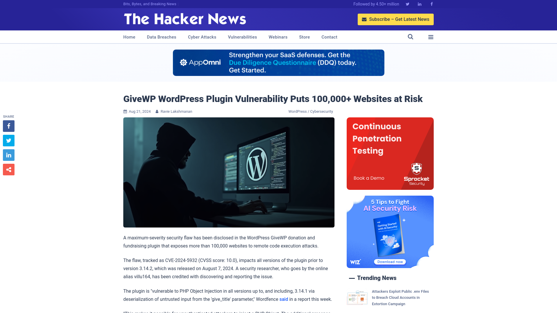 GiveWP WordPress Plugin Vulnerability Puts 100,000+ Websites at Risk