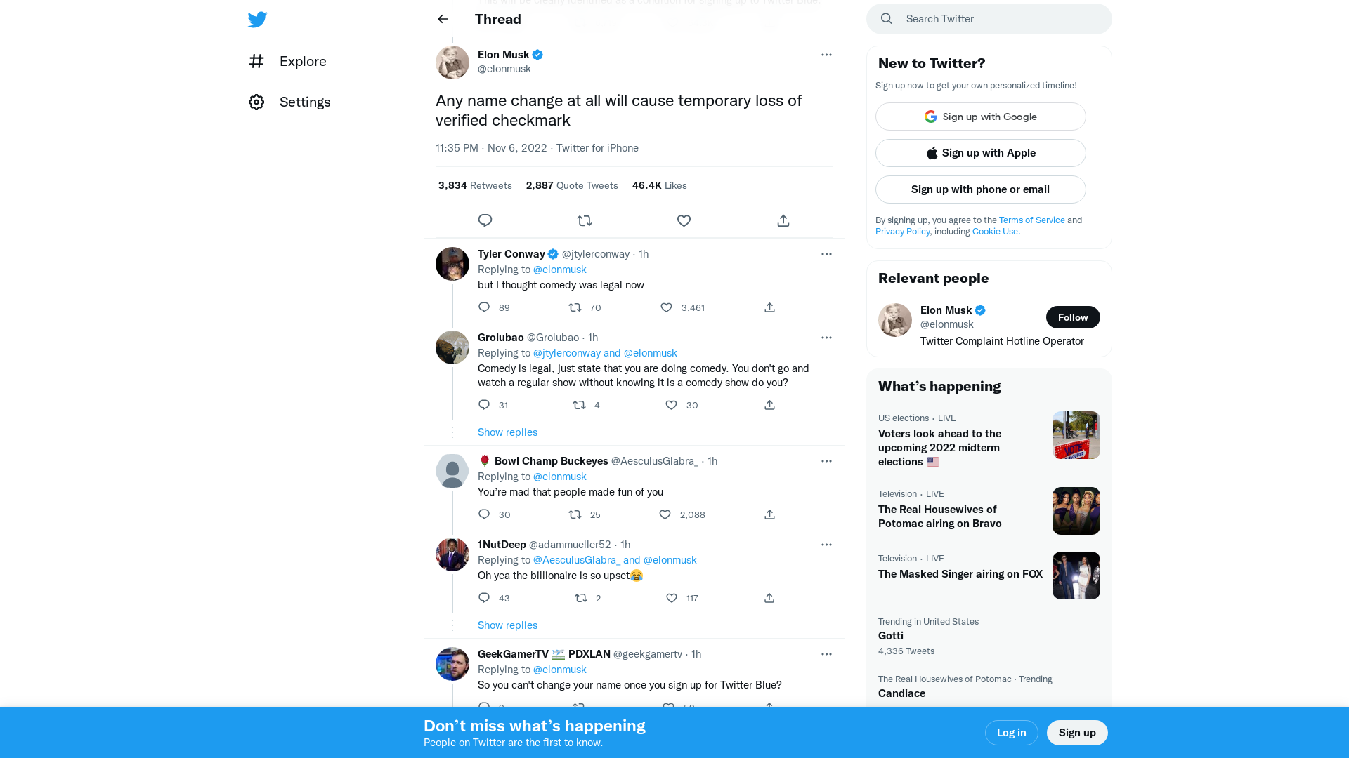 Elon Musk on Twitter: "Any name change at all will cause temporary loss of verified checkmark" / Twitter