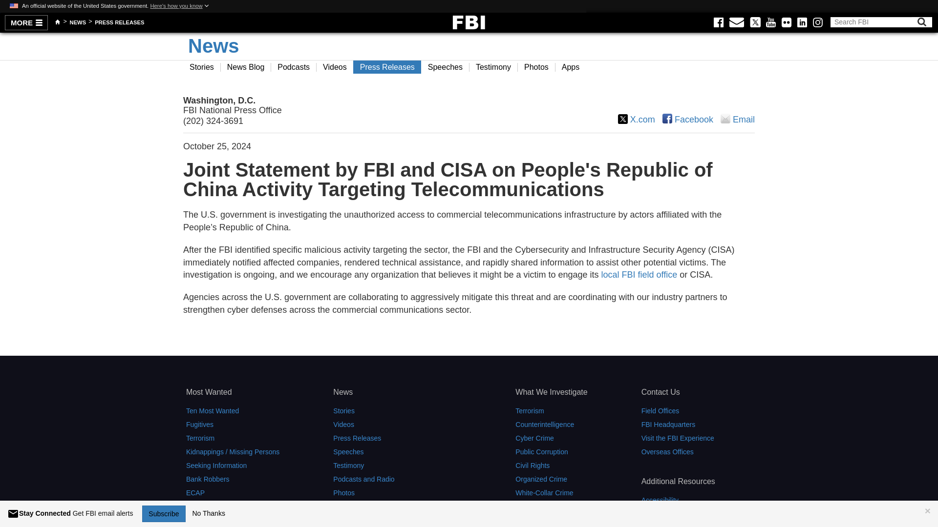 Joint Statement by FBI and CISA on People's Republic of China Activity Targeting Telecommunications — FBI