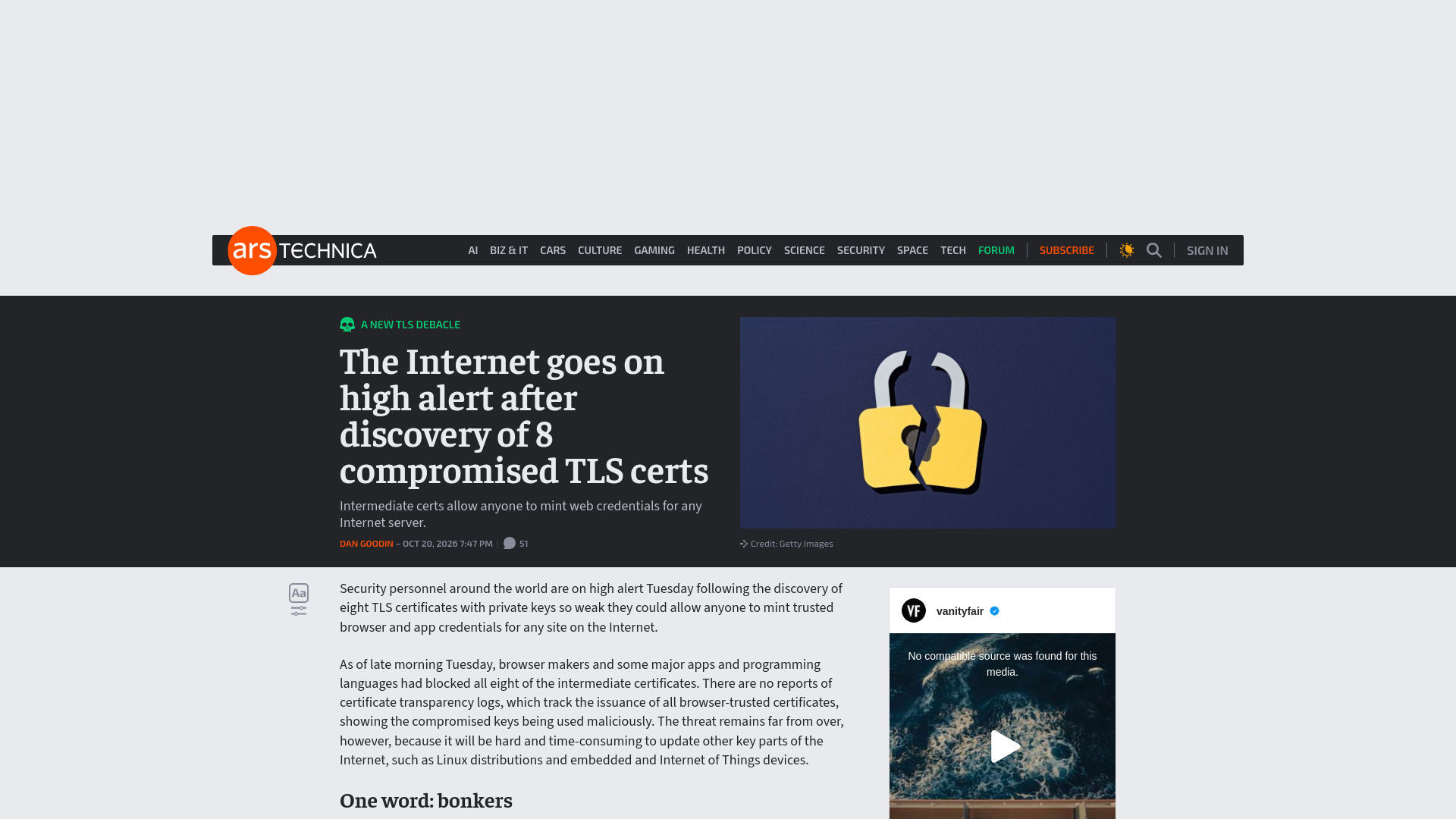The Internet goes on high alert after discovery of 8 compromised TLS certs - Ars Technica