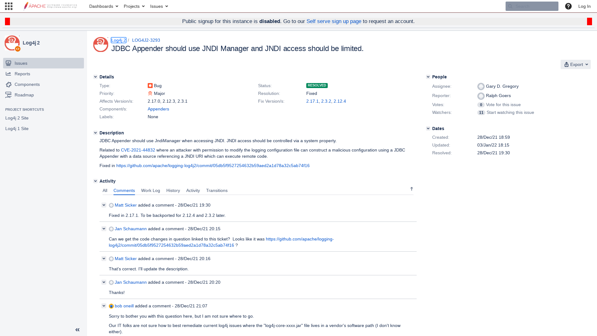 [LOG4J2-3293] JDBC Appender should use JNDI Manager and JNDI access should be limited. - ASF JIRA