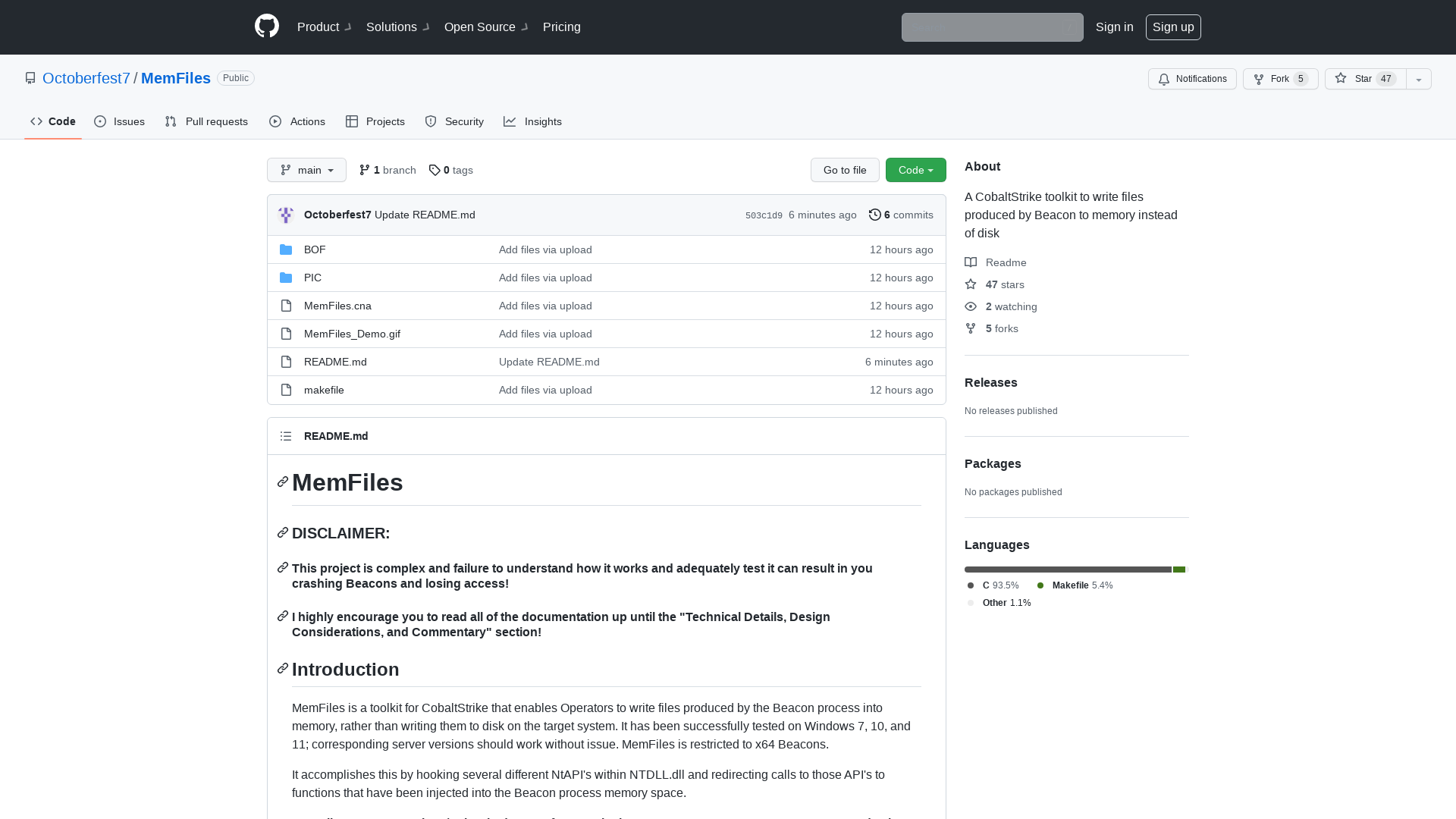 GitHub - Octoberfest7/MemFiles: A CobaltStrike toolkit to write files produced by Beacon to memory instead of disk