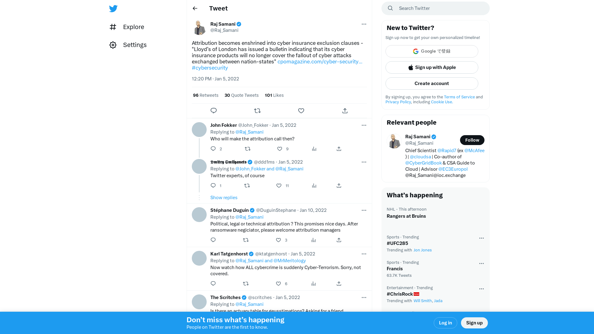 Raj Samani on Twitter: "Attribution becomes enshrined into cyber insurance exclusion clauses - "Lloyd’s of London has issued a bulletin indicating that its cyber insurance products will no longer cover the fallout of cyber attacks exchanged between nation-states" https://t.co/HOyW7Tyov2 #cybersecurity" / Twitter