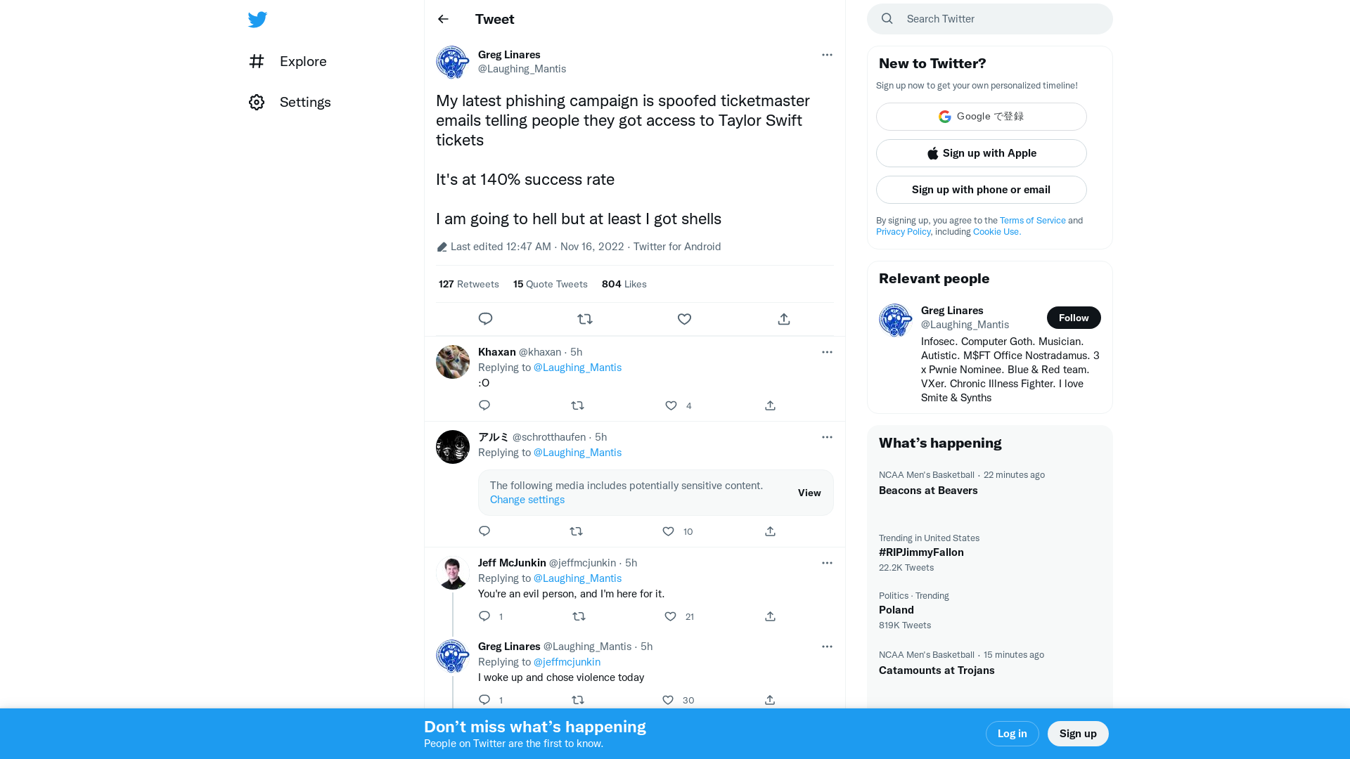 Greg Linares on Twitter: "My latest phishing campaign is spoofed ticketmaster emails telling people they got access to Taylor Swift tickets It's at 140% success rate I am going to hell but at least I got shells" / Twitter