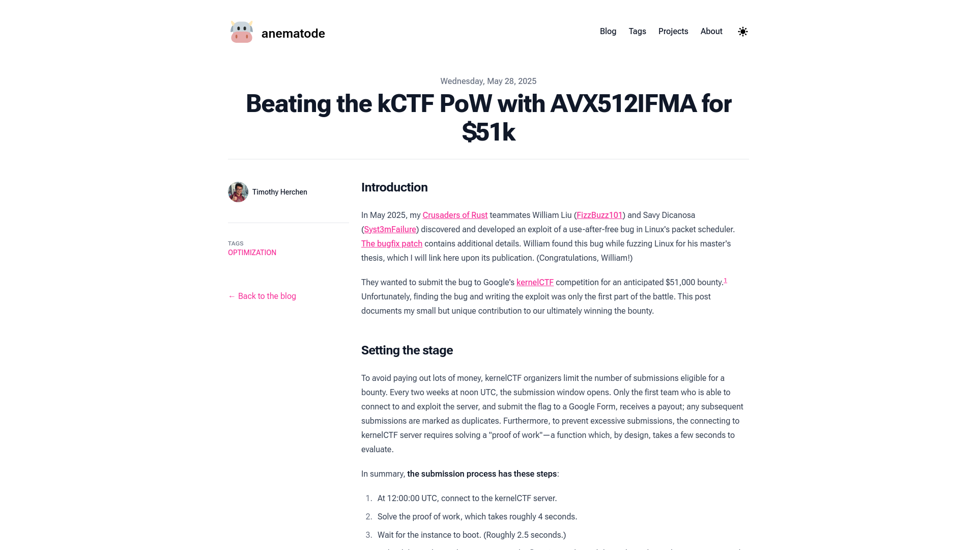 Beating the kCTF PoW with AVX512IFMA for $51k | undefined