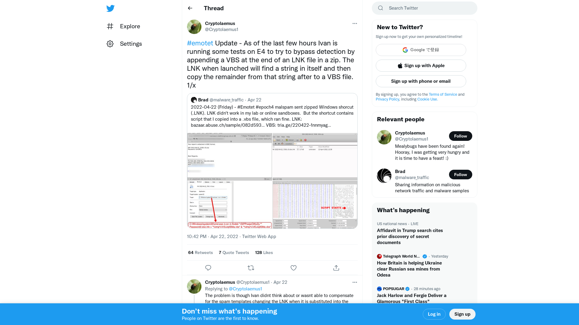 Cryptolaemus on Twitter: "#emotet Update - As of the last few hours Ivan is running some tests on E4 to try to bypass detection by appending a VBS at the end of an LNK file in a zip. The LNK when launched will find a string in itself and then copy the remainder from that string after to a VBS file. 1/x" / Twitter