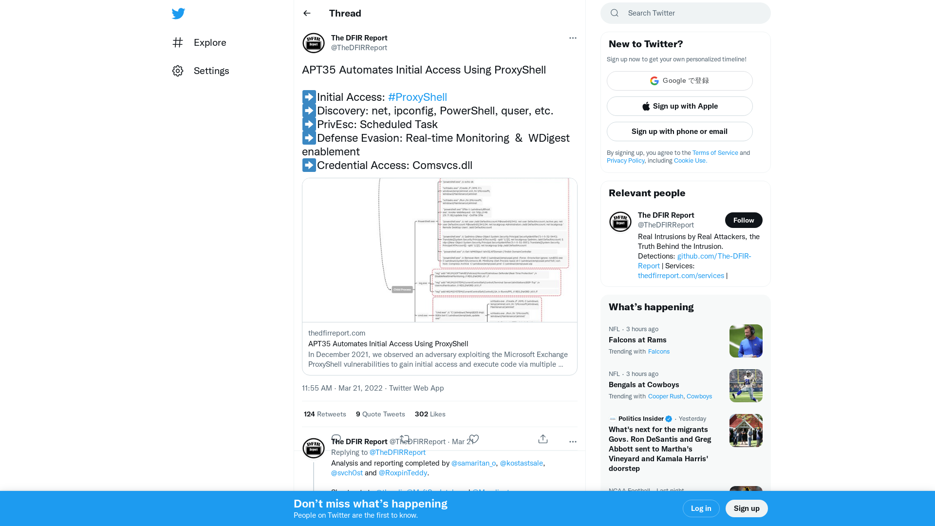 The DFIR Report on Twitter: "APT35 Automates Initial Access Using ProxyShell ➡️Initial Access: #ProxyShell ➡️Discovery: net, ipconfig, PowerShell, quser, etc. ➡️PrivEsc: Scheduled Task ➡️Defense Evasion: Real-time Monitoring &amp; WDigest enablement ➡️Credential Access: Comsvcs.dll https://t.co/cpwniE2Juc" / Twitter