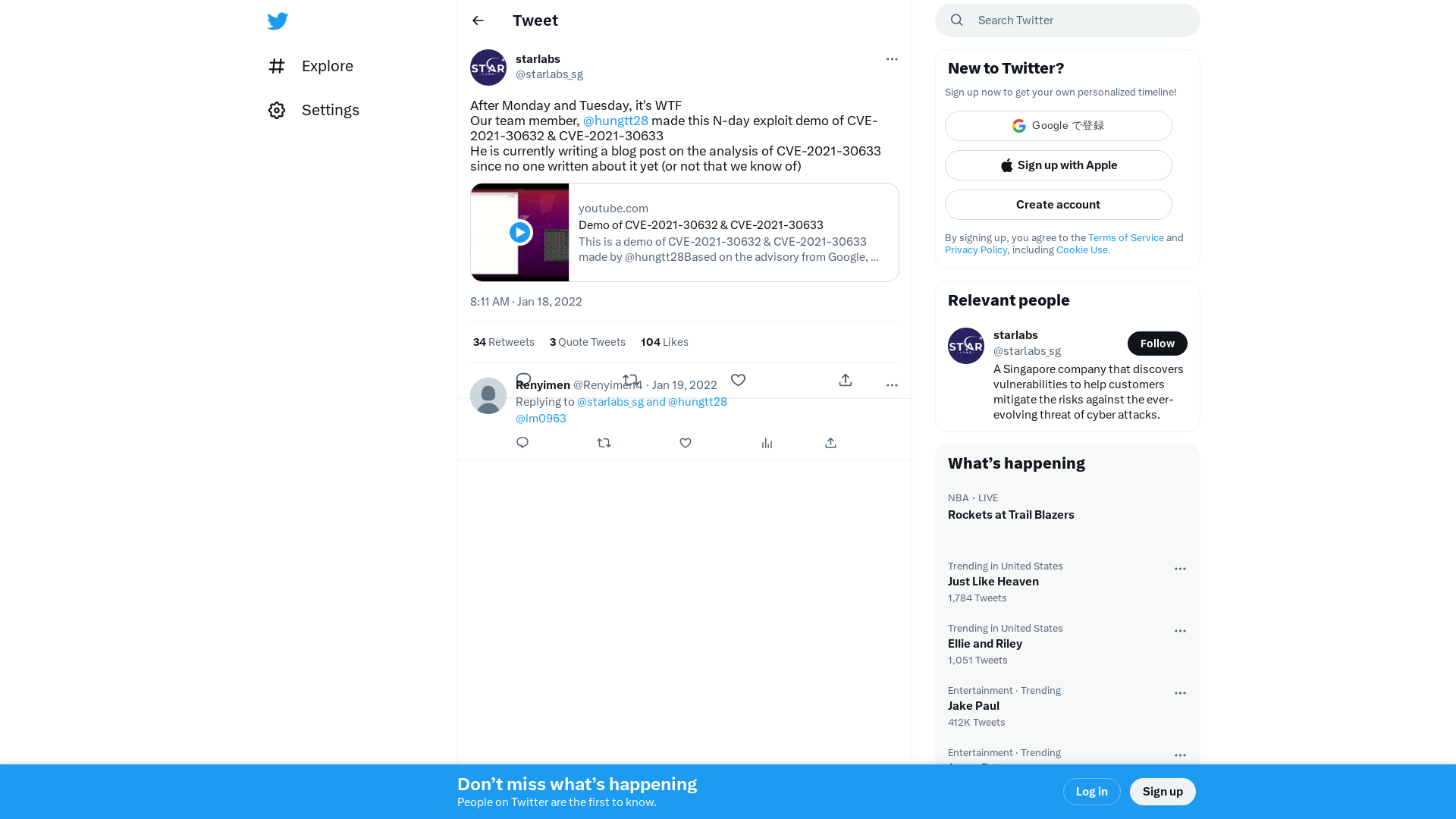starlabs on Twitter: "After Monday and Tuesday, it's WTF Our team member, @hungtt28 made this N-day exploit demo of CVE-2021-30632 &amp; CVE-2021-30633 He is currently writing a blog post on the analysis of CVE-2021-30633 since no one written about it yet (or not that we know of) https://t.co/q8nNVV4djj" / Twitter