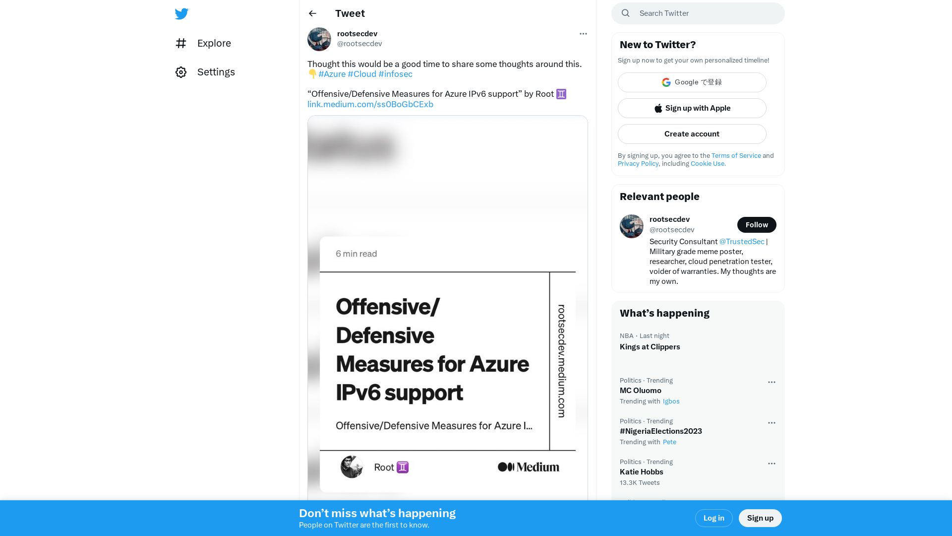 rootsecdev on Twitter: "Thought this would be a good time to share some thoughts around this. 👇#Azure #Cloud #infosec “Offensive/Defensive Measures for Azure IPv6 support” by Root ♊ https://t.co/hKd0iFVvMS https://t.co/7qNbi2nxtB" / Twitter