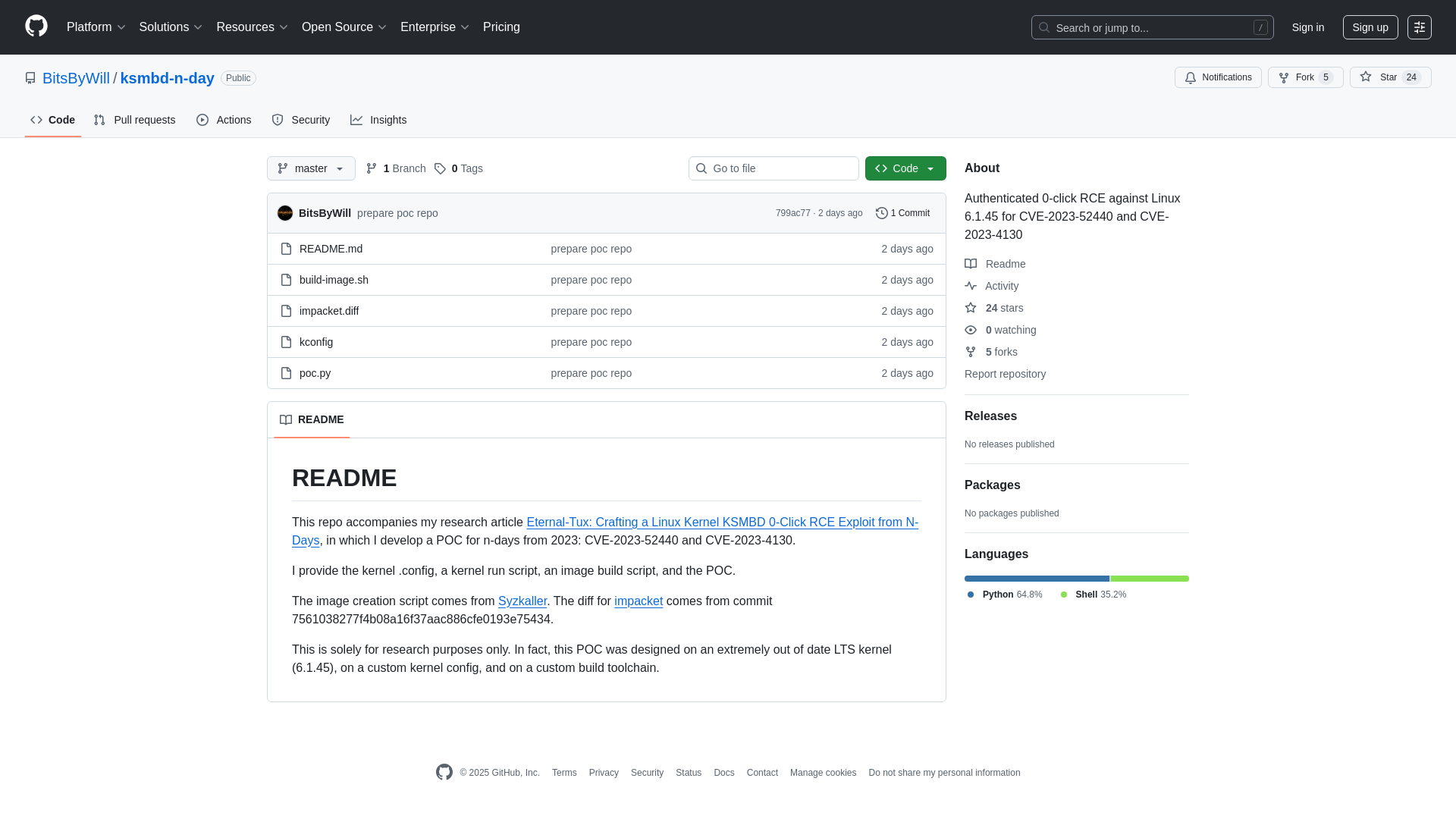 GitHub - BitsByWill/ksmbd-n-day: Authenticated 0-click RCE against Linux 6.1.45 for CVE-2023-52440 and CVE-2023-4130