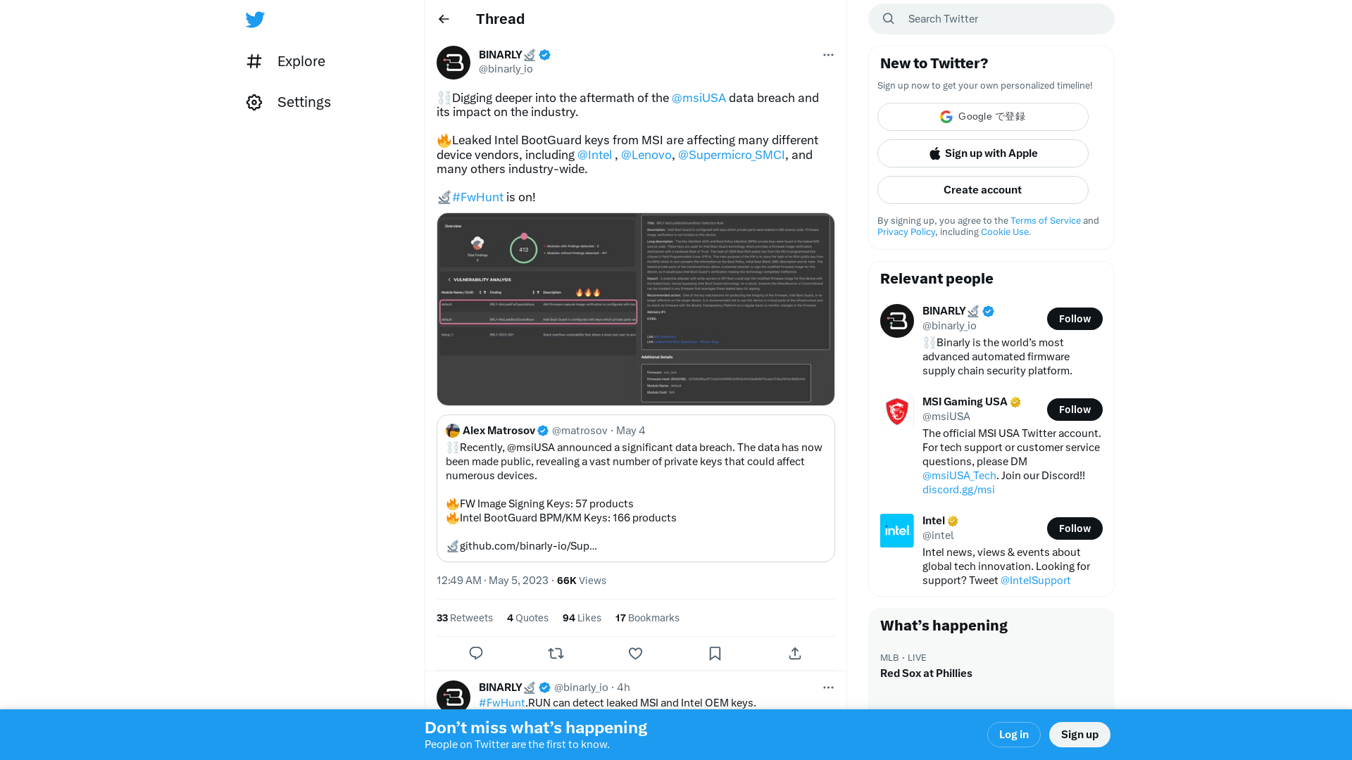 BINARLY🔬 on Twitter: "⛓️Digging deeper into the aftermath of the @msiUSA data breach and its impact on the industry. 🔥Leaked Intel BootGuard keys from MSI are affecting many different device vendors, including @Intel , @Lenovo, @Supermicro_SMCI, and many others industry-wide. 🔬#FwHunt is on! https://t.co/ZB8XKj33Hv" / Twitter