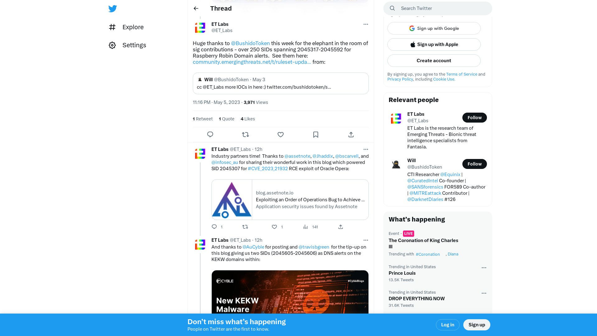 ET Labs on Twitter: "Huge thanks to @BushidoToken this week for the elephant in the room of sig contributions - over 250 SIDs spanning 2045317-2045592 for Raspberry Robin Domain alerts. See them here: https://t.co/mwjzya38i0 from: https://t.co/u8zFa6ypYZ" / Twitter