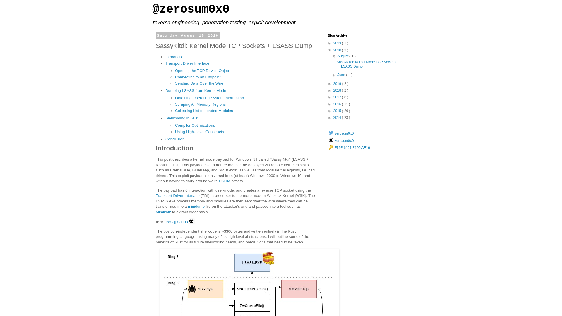 zerosum0x0: SassyKitdi: Kernel Mode TCP Sockets + LSASS Dump