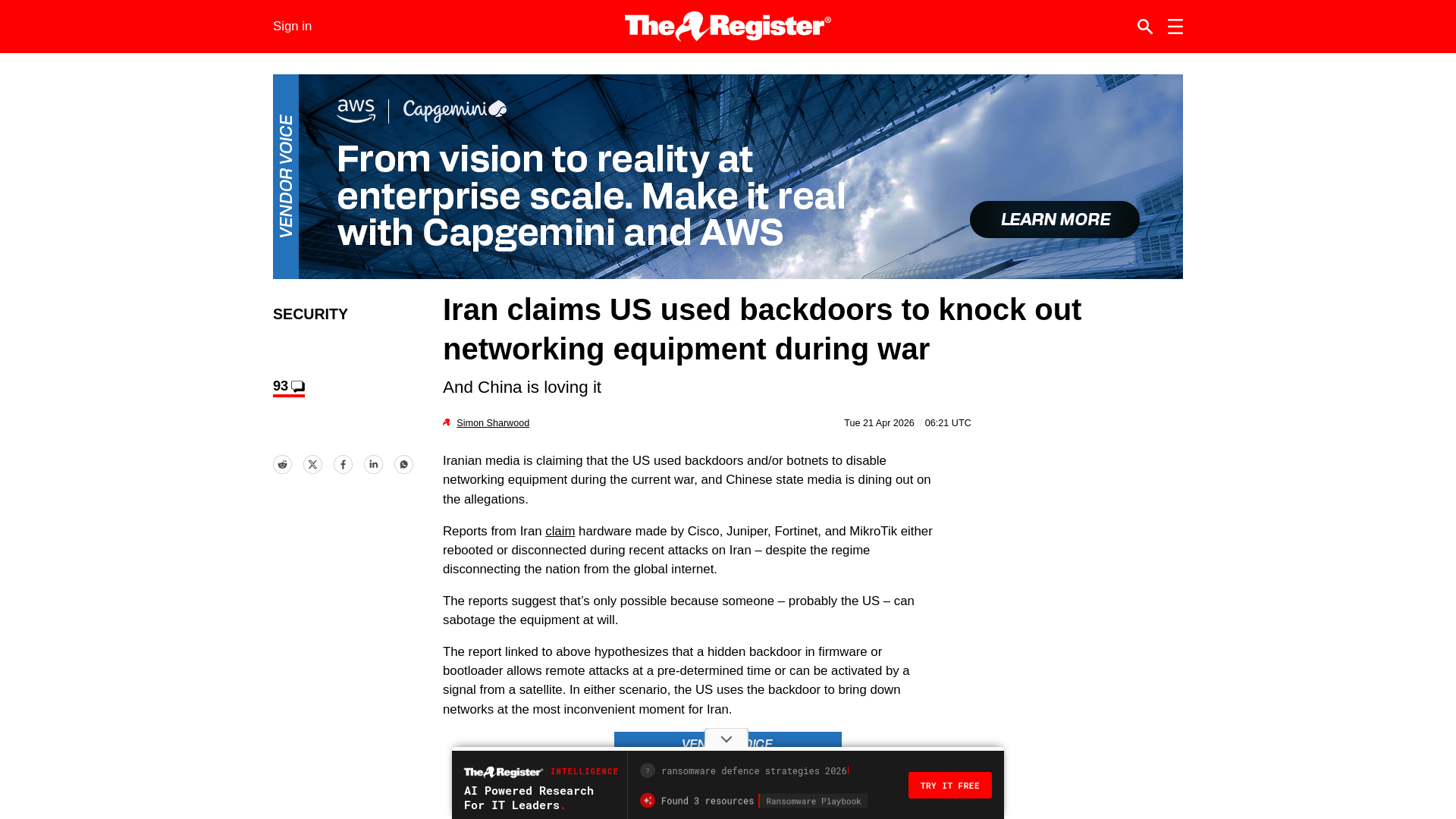 Iran claims US used backdoors in networking equipment • The Register