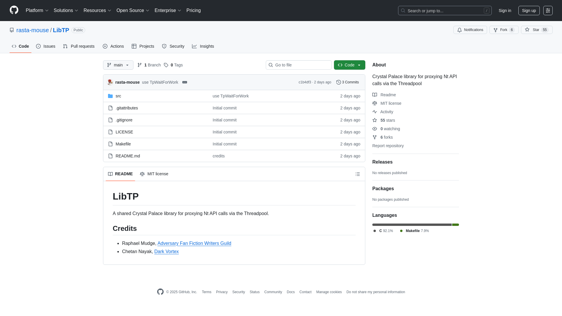 GitHub - rasta-mouse/LibTP: Crystal Palace library for proxying Nt API calls via the Threadpool