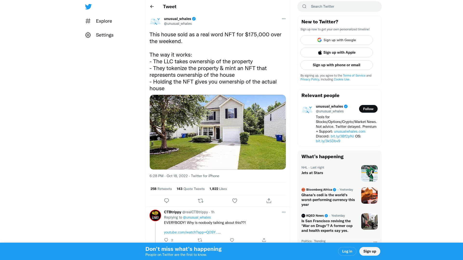 unusual_whales on Twitter: "This house sold as a real word NFT for $175,000 over the weekend. The way it works: - The LLC takes ownership of the property - They tokenize the property &amp; mint an NFT that represents ownership of the house - Holding the NFT gives you ownership of the actual house https://t.co/fuUl3oGCHx" / Twitter